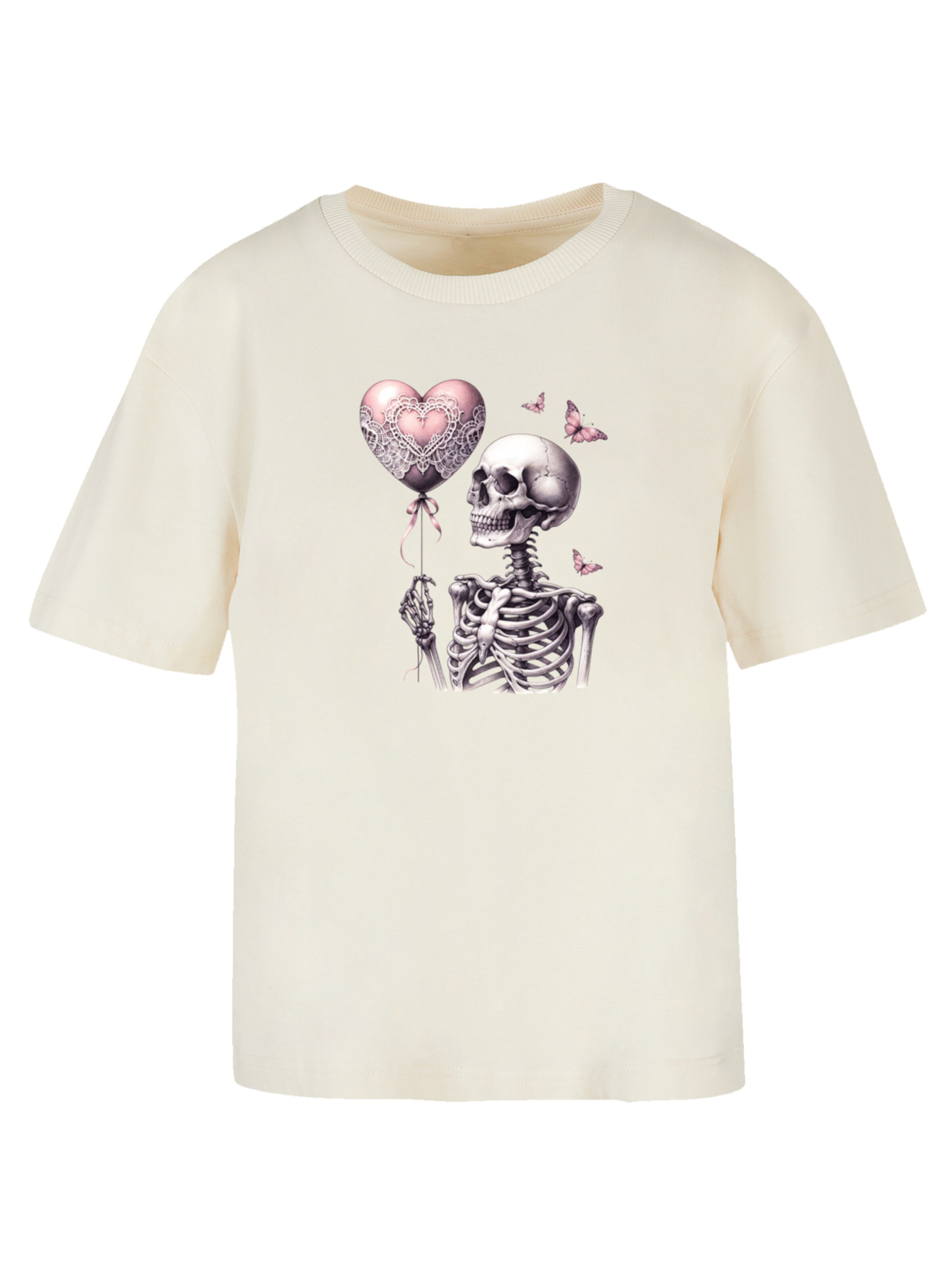 T-shirt 'Skelett hält Herzballon' F4NT4STIC en beige : devant