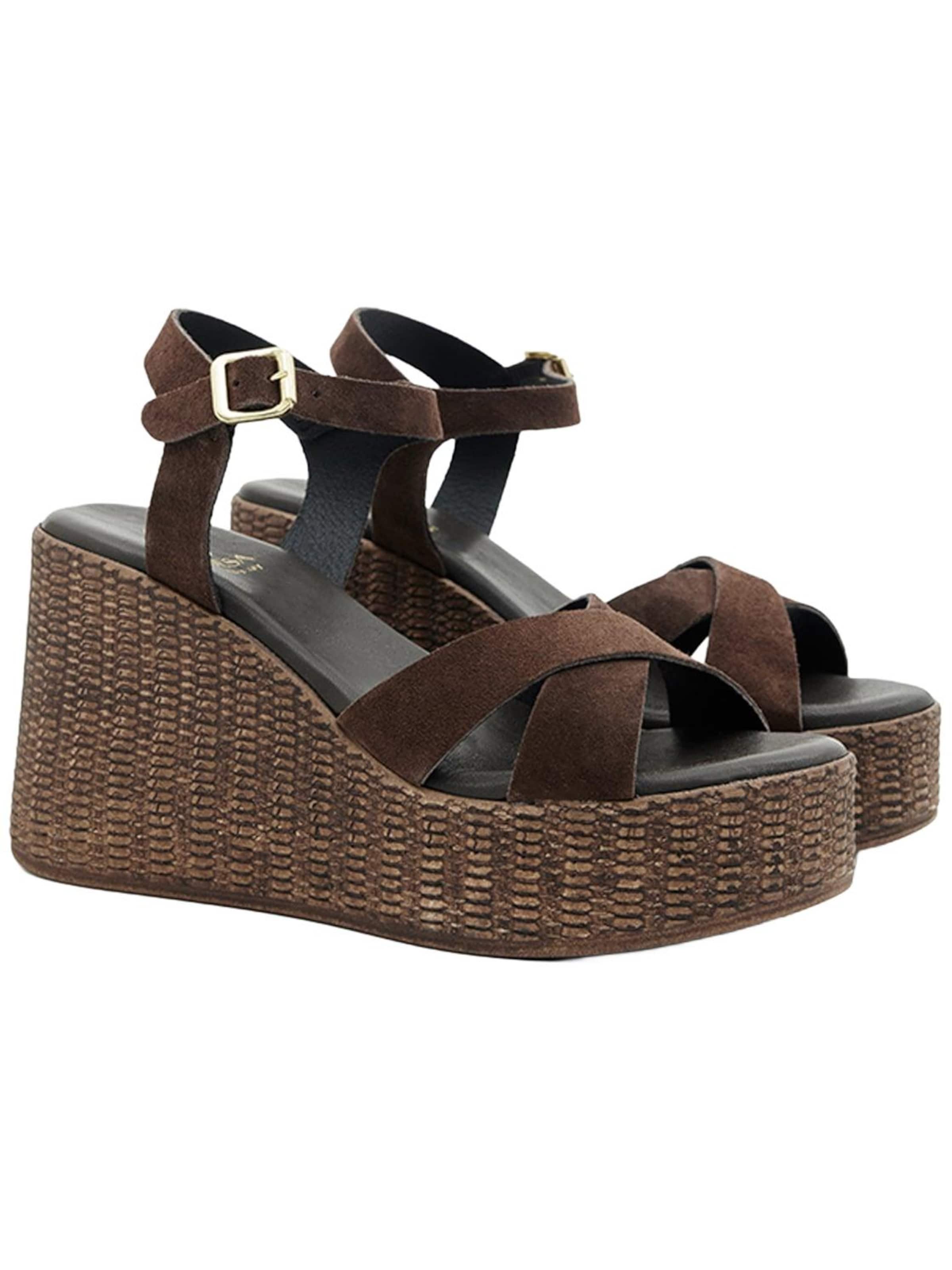 Desa - Sandalias de dedo 'DESA Damen-Wildledersandalen mit Keilabsatz und Metallschnalle' en marrón