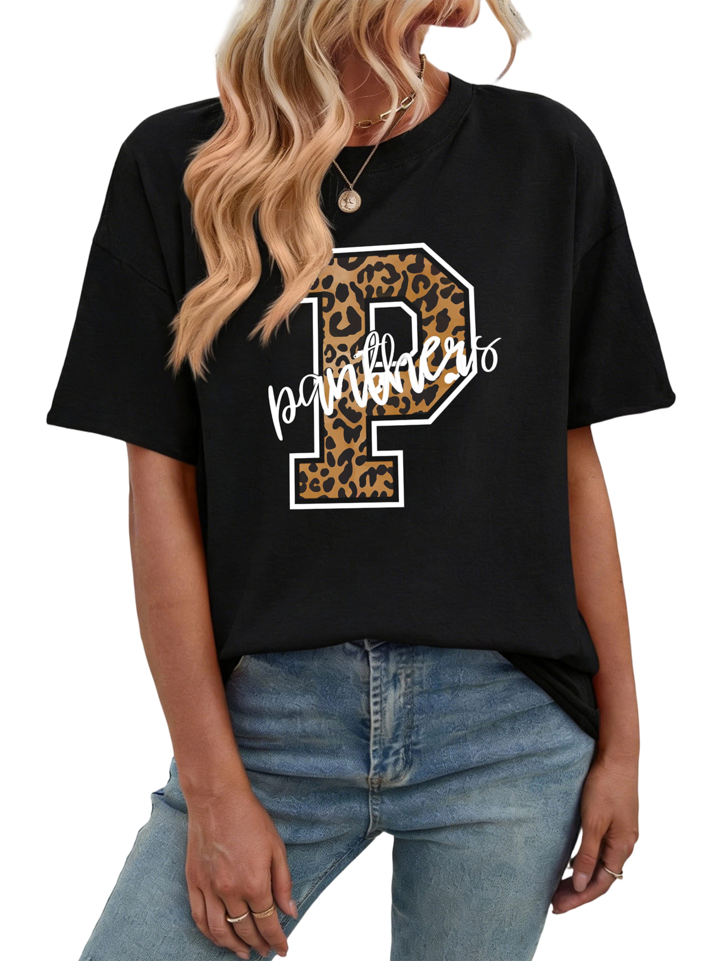 GORHEY Shirt 'Women's Casual Cotton Summer T-Shirt with Leopard Print Letters' in Black: front
