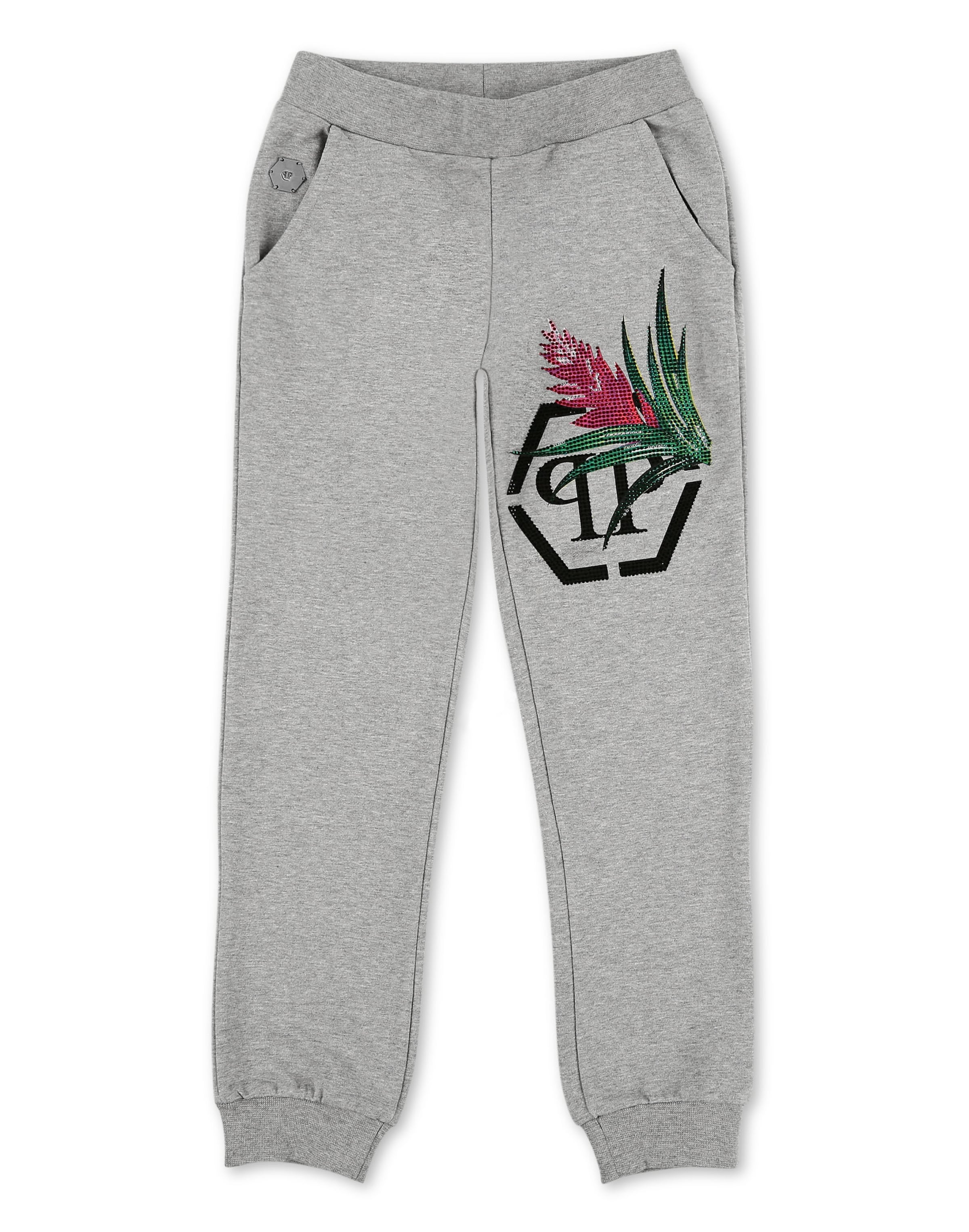 Philipp Plein Tapered Broek 'Flowers' in Grijs: voorkant