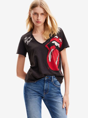 Desigual Тениска 'Rhinestone The Rolling Stones' в черно: отпред