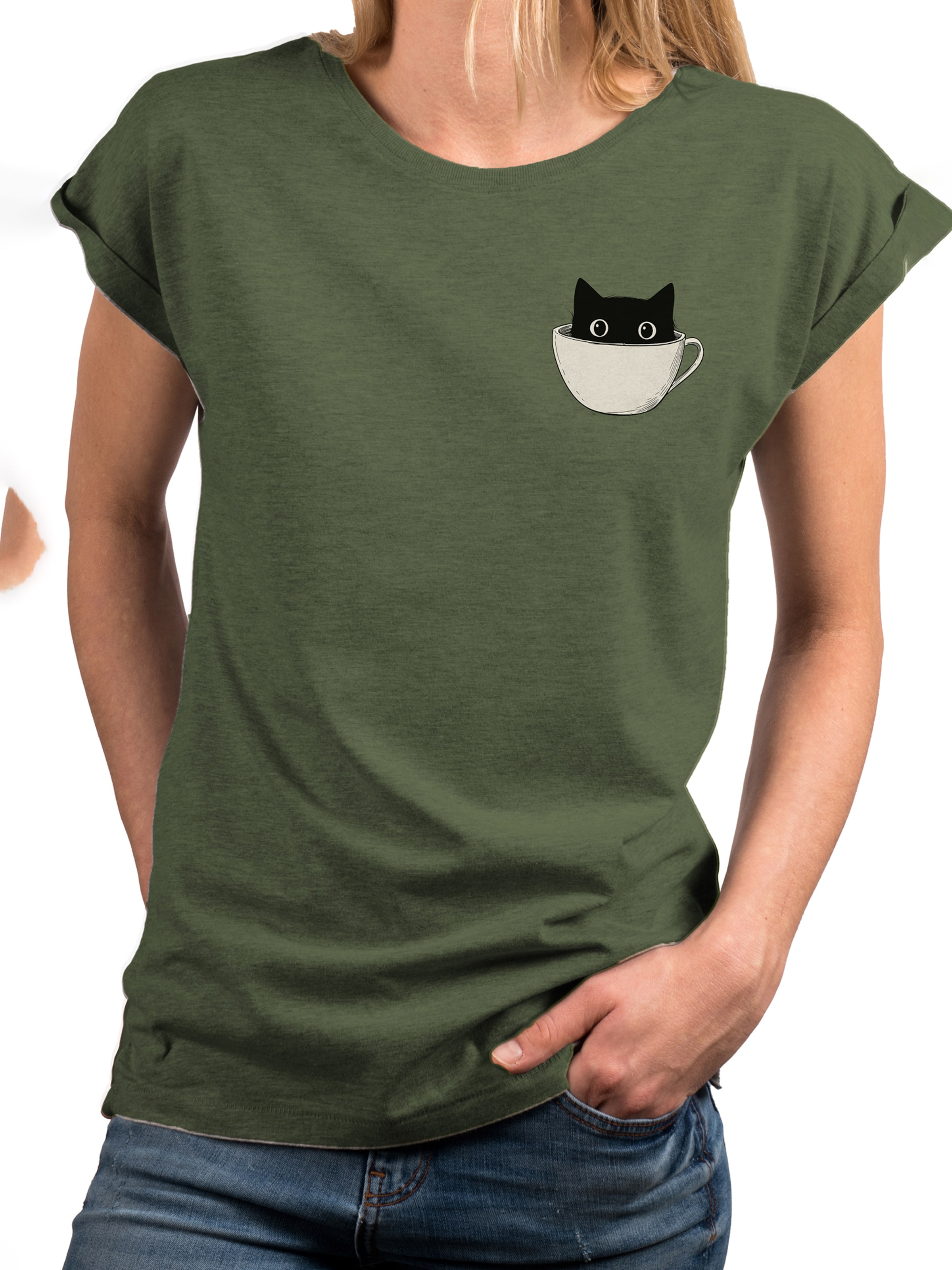 MAKAYA Shirt 'Cup Cat' in Green