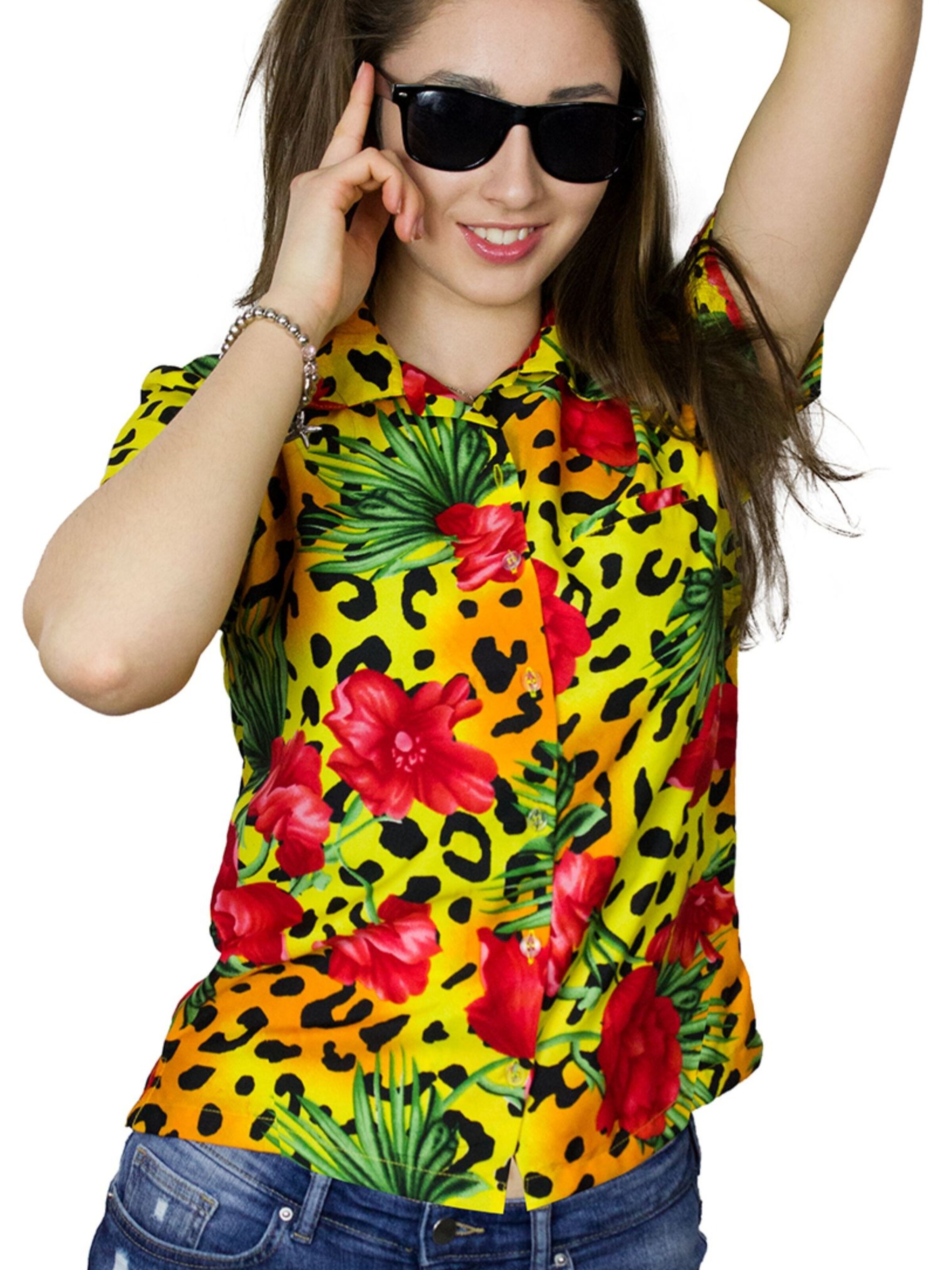 King Kameha Blouse 'Leopard Flowers' in Yellow: front