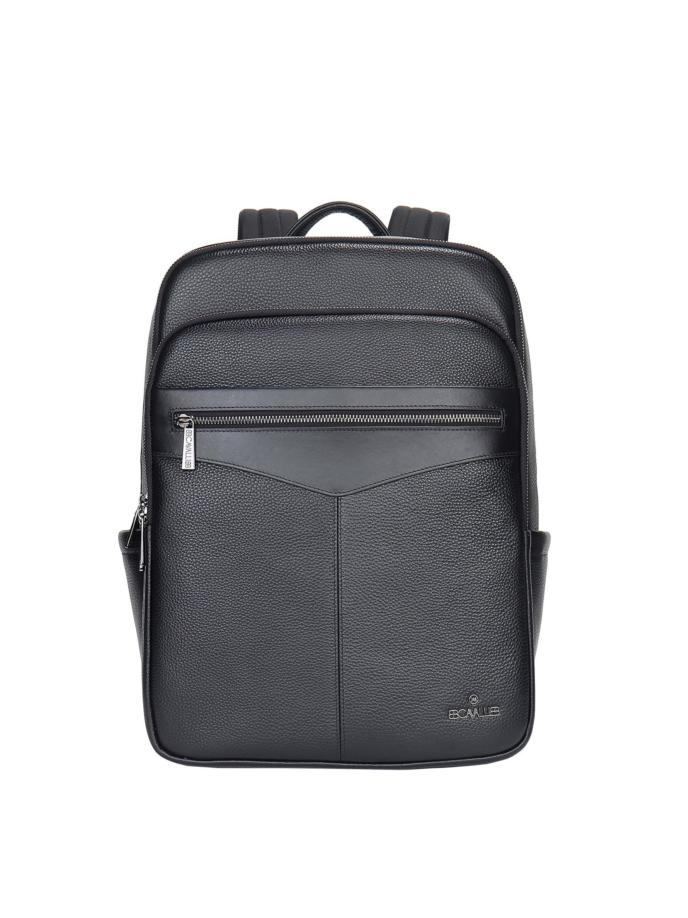 Zaino 'Zaino Unisex Vera Pelle - Chiusura Zip, Tasche Multiple, Manico Pelle' di B. Cavalli in nero: frontale