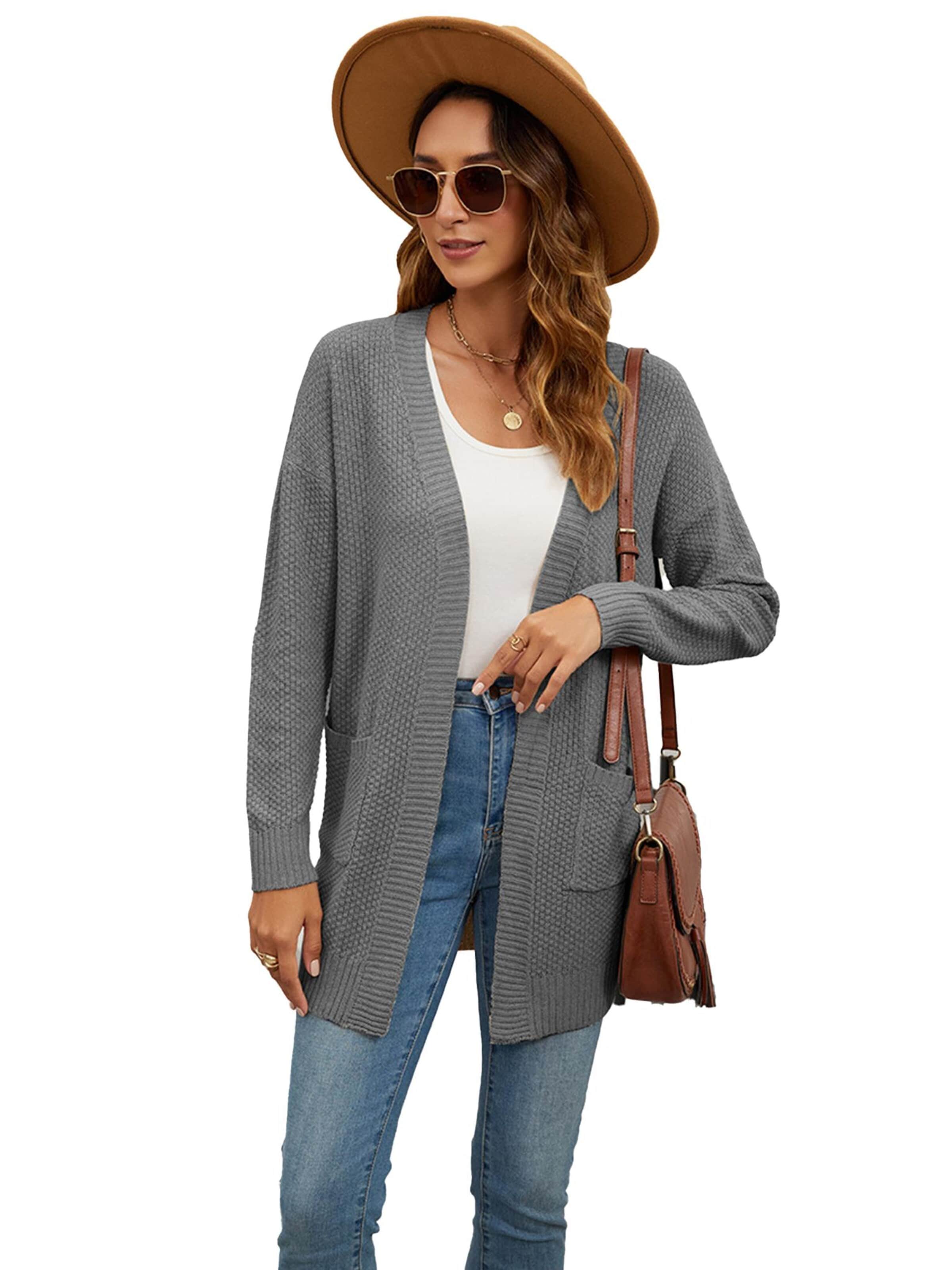 KoJooin Knit Cardigan 'Damenmode Cardigan Pullover Leicht Offen Vorderseite Lang Lässig Strand Kimono Outfits mit Taschen' in Grey