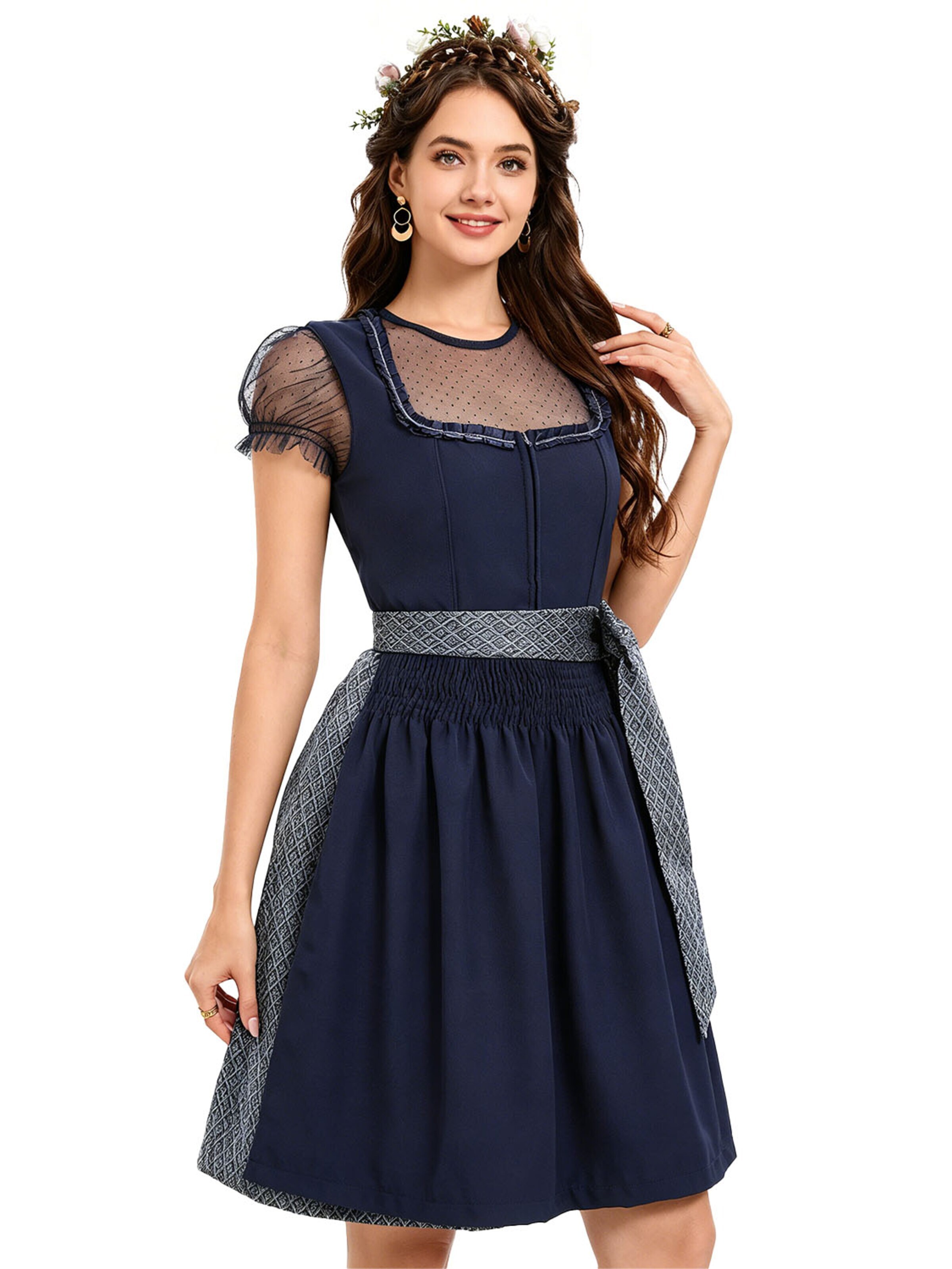 KoJooin Dirndl 'Damen Polka‑Dot Bluse, quadratischer Ausschnitt – 3‑teiliges Dirndl‑Set für Oktoberfest' in Blue