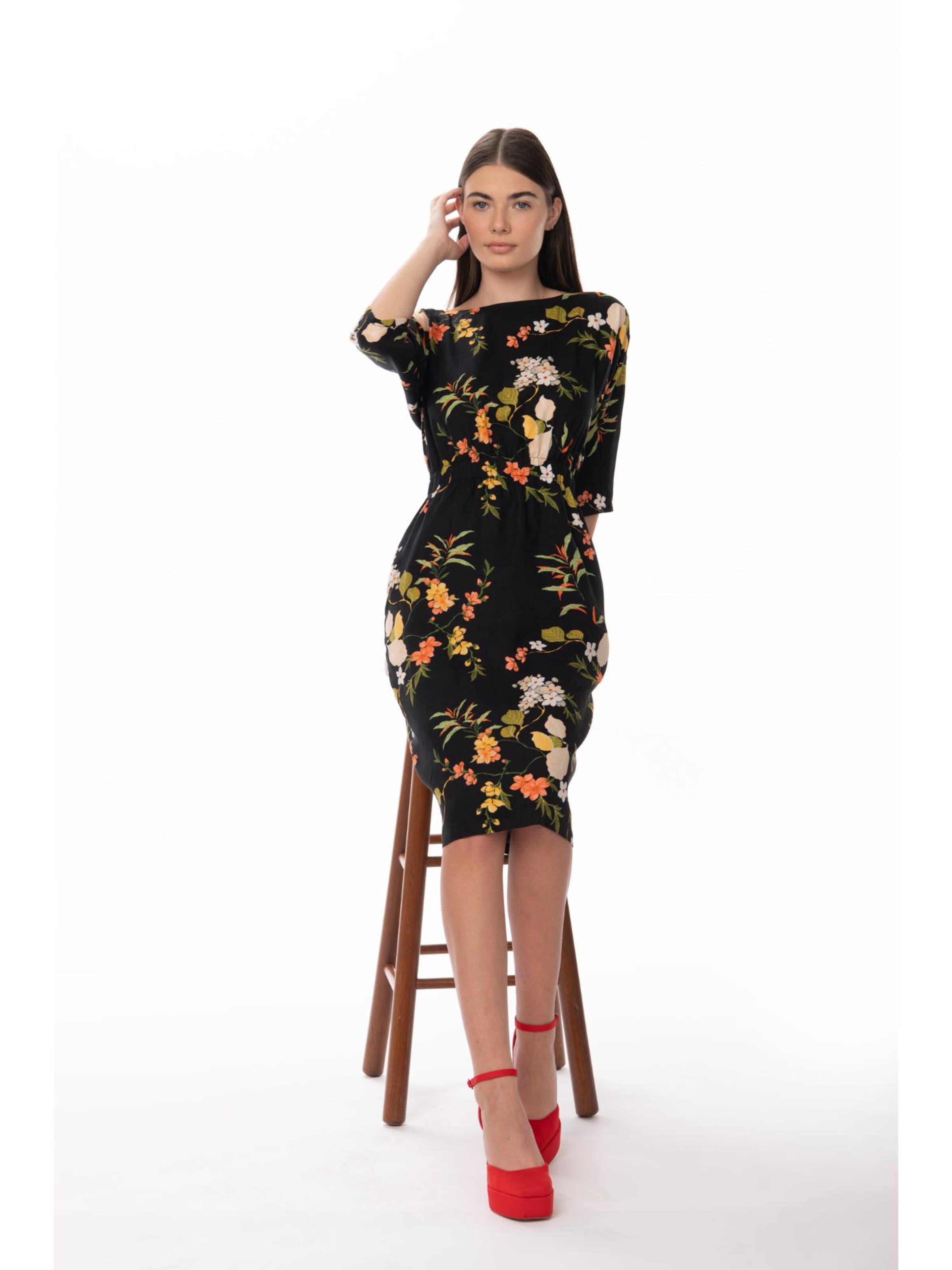 Couture de Marie Dress 'Floral Midi Dress with Draped Waist – Black – Lise' in Black