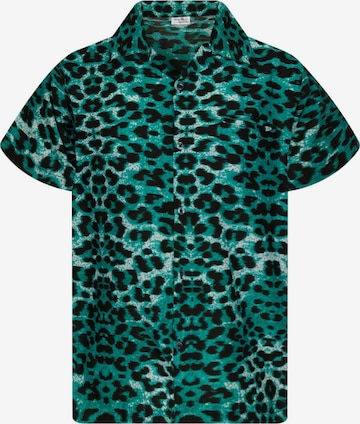 King Kameha Button Up Shirt 'Leopard' in Green: front