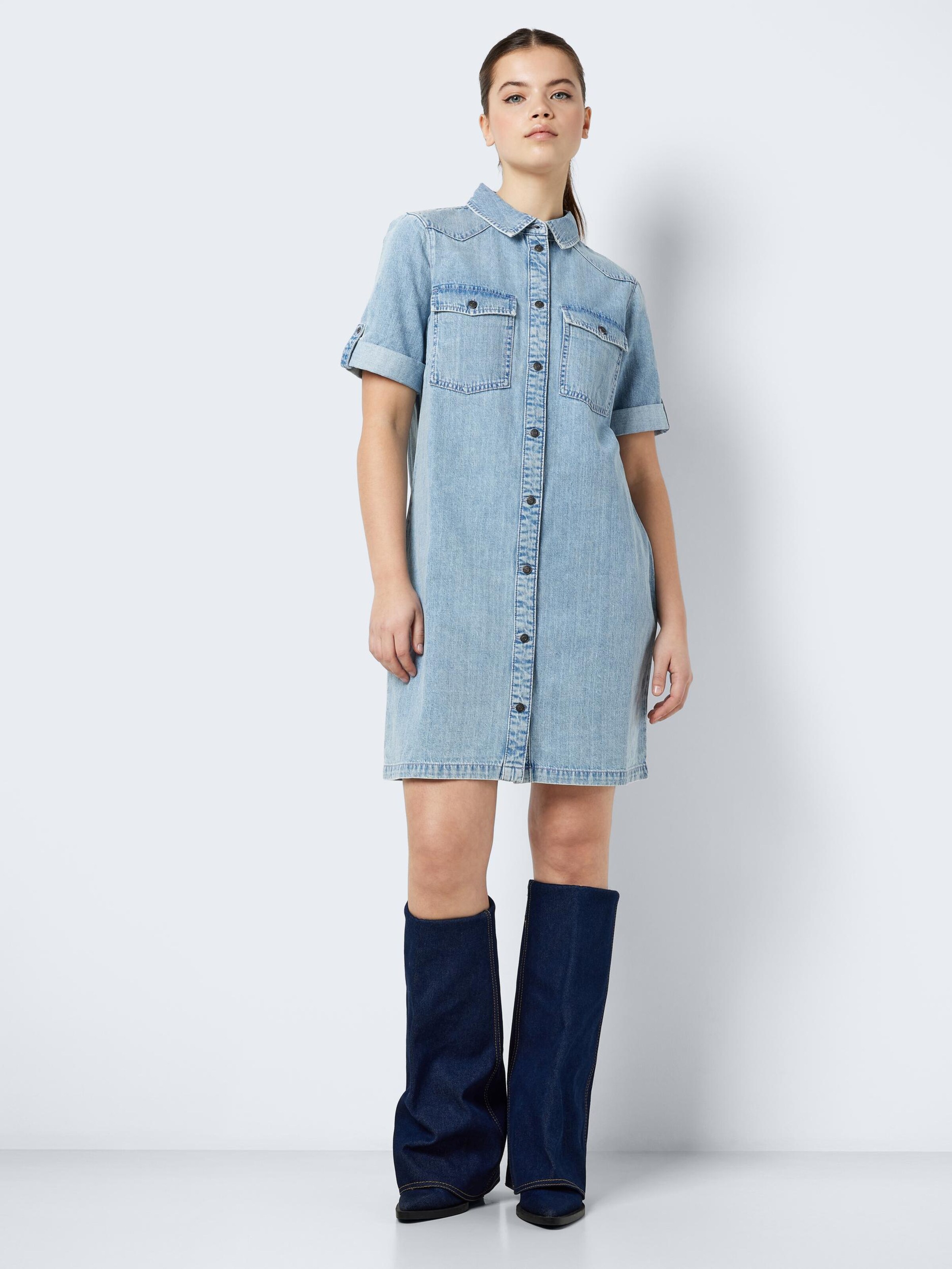 Noisy May Damenkleid NMEMILIA – Kurzarm-Kleid In Medium Grey Denim (Baumwolle)