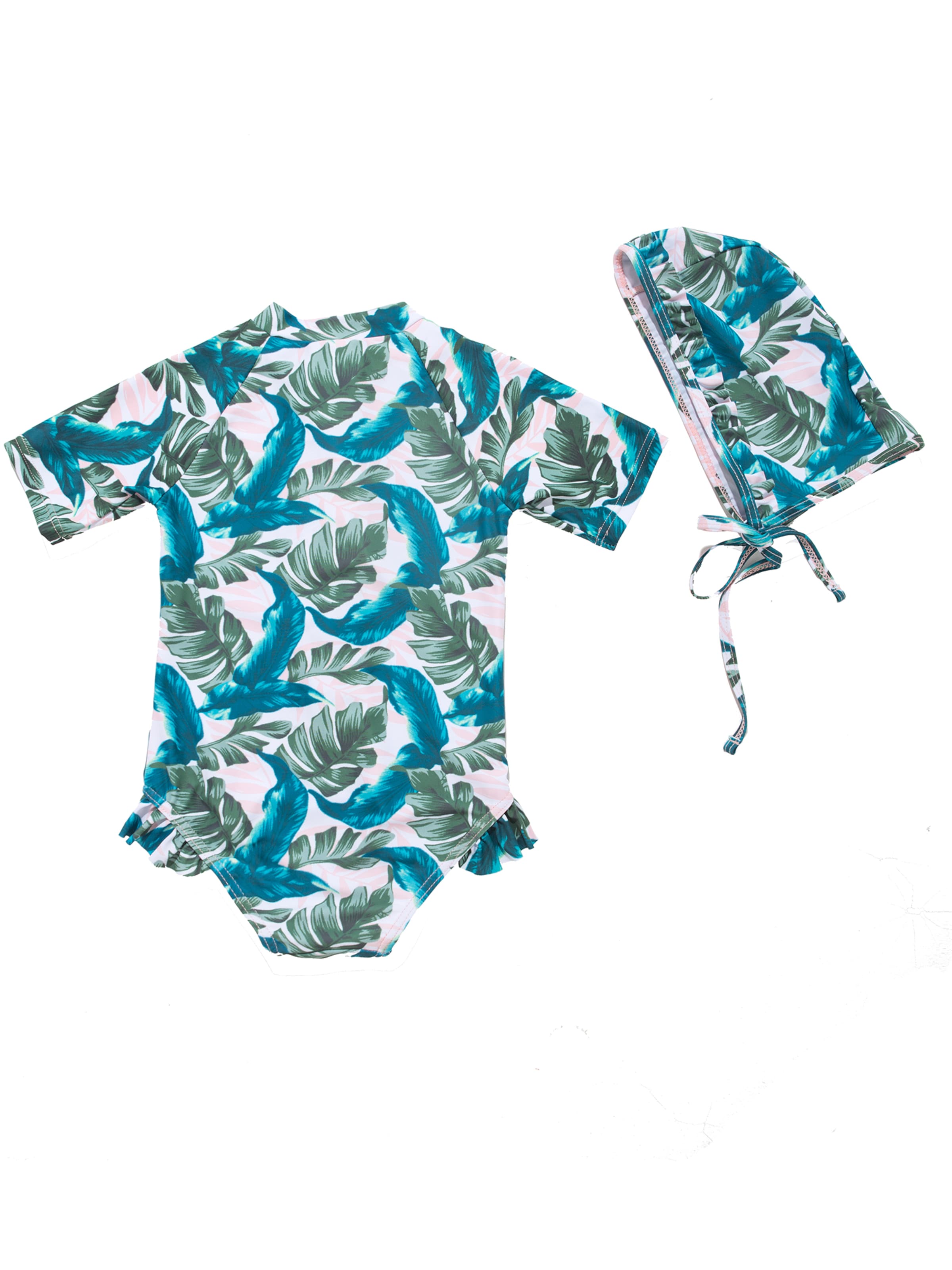 BONVERANO Athletic Swimwear 'Baby Mädchen UV Badeanzug 50+ Kurzarm Frontreißverschluss inkl Sonnenhut' in Green: front
