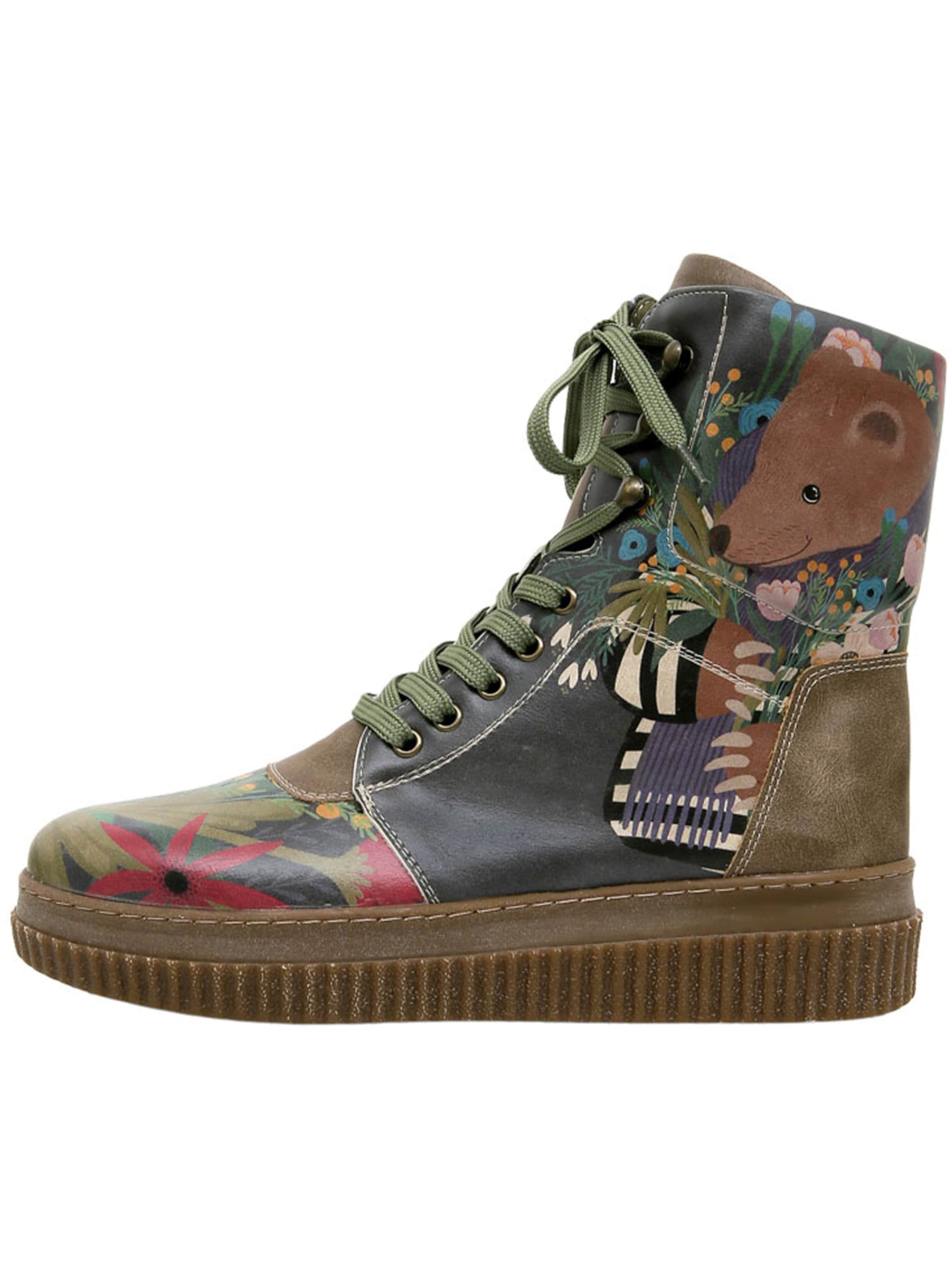 DOGO Schnürstiefel 'Bear and Flowers'‌‌‌‌‌‌‌‌‌‌ in Schwarz: Vorderseite