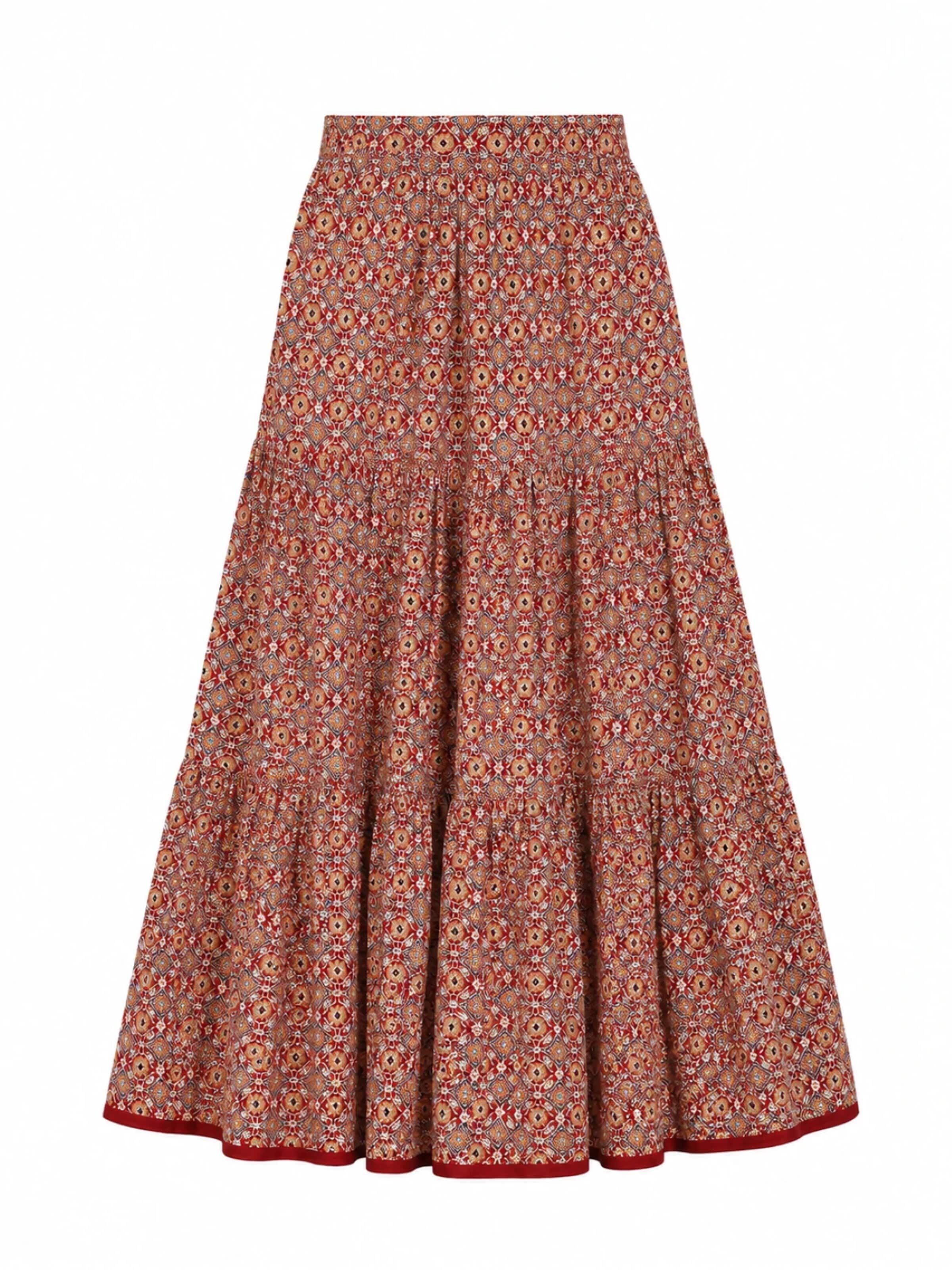 PfauGermany Skirt 'FIORRA Women's Olive Green Printed Cotton Flared Skirt' in Brown: front