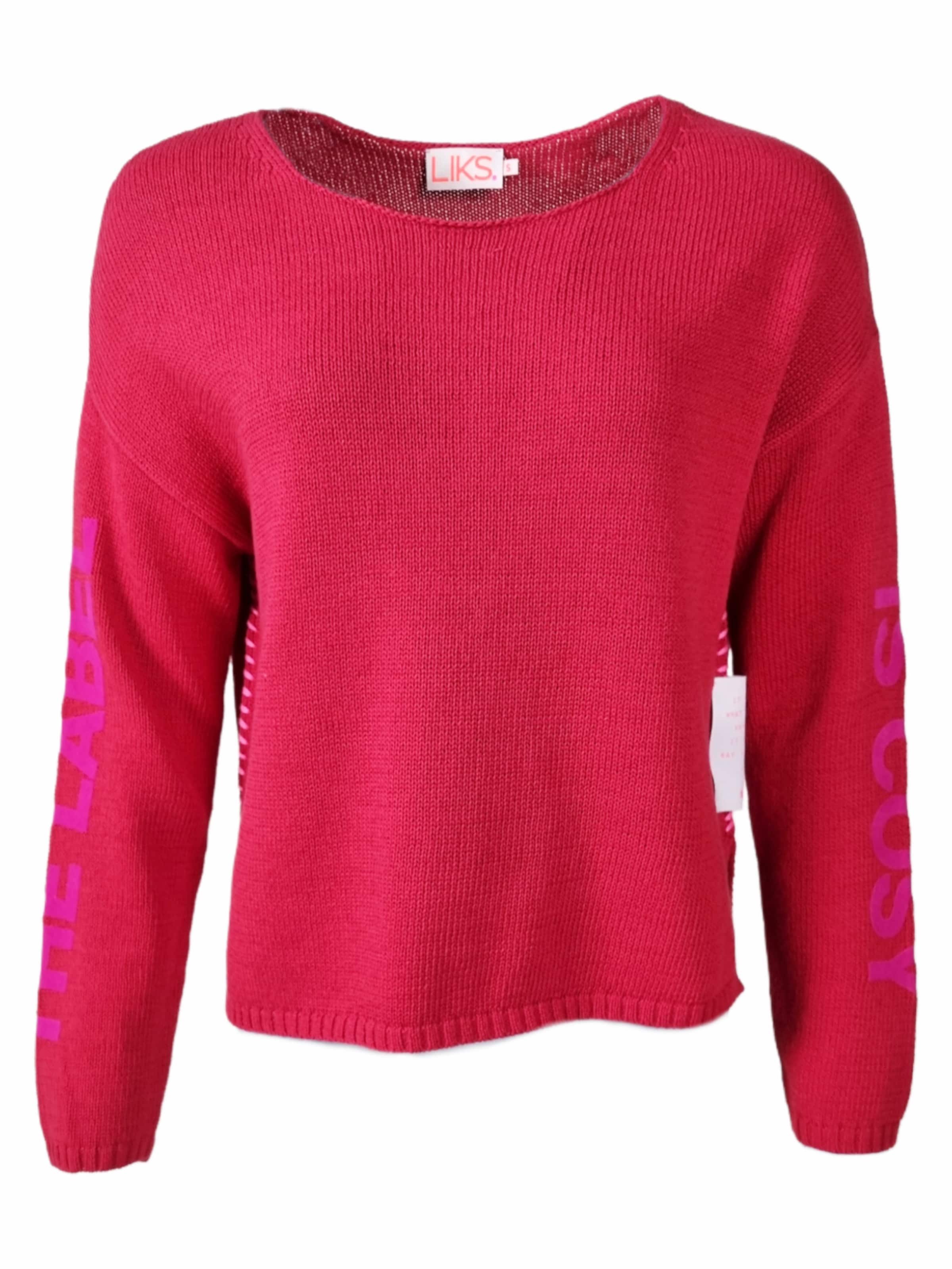 Pullover 'Strickpullover mit Flockschrift und Ziernaht' di LIKS. Munich in rosa: frontale