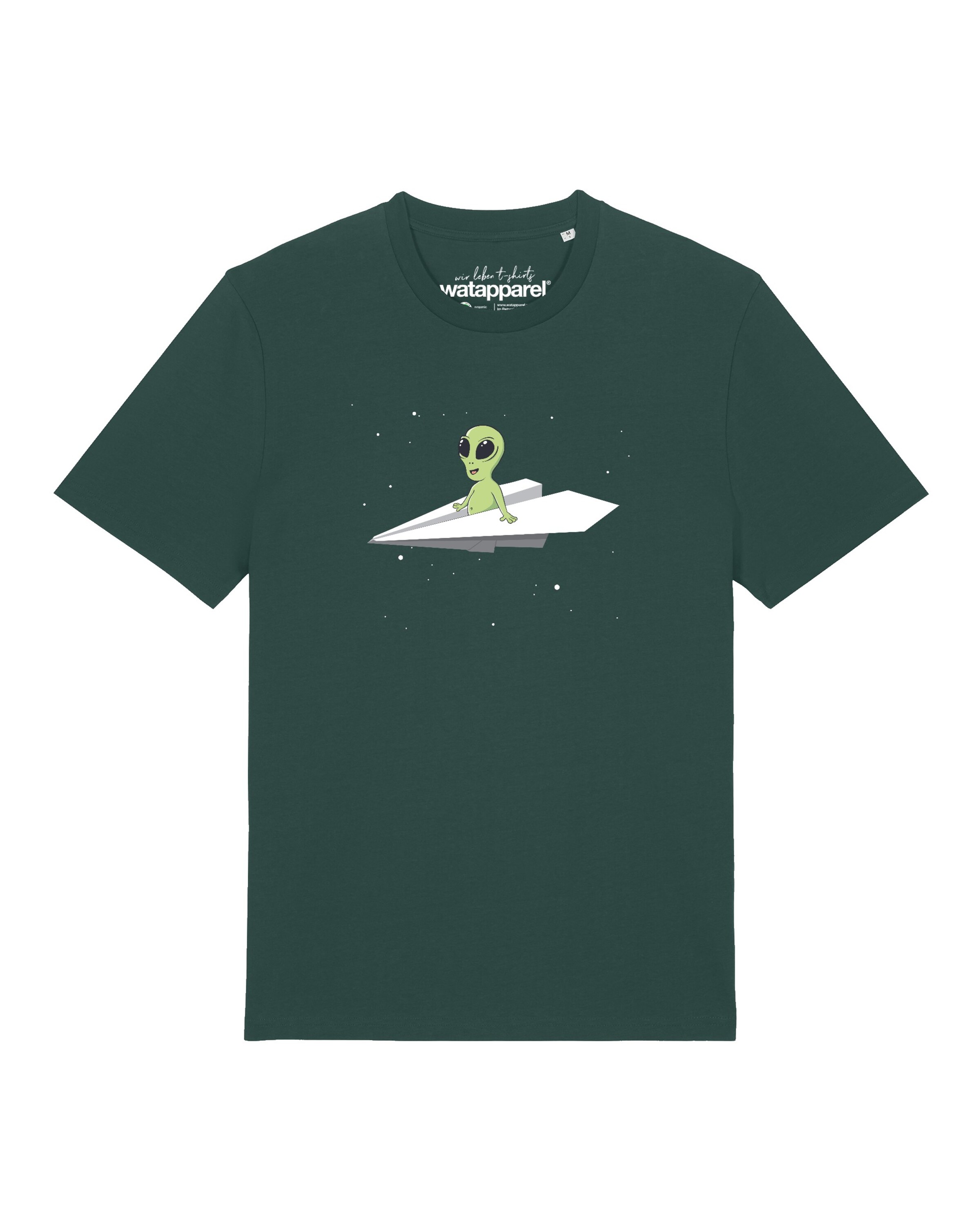 Maglietta 'Alien on a paper plane' di Watapparel in verde: frontale