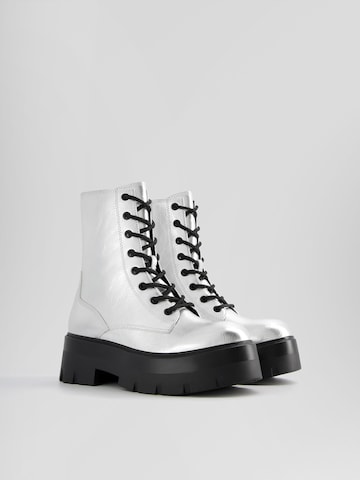 Bershka Lace-Up Ankle Boots in Silver