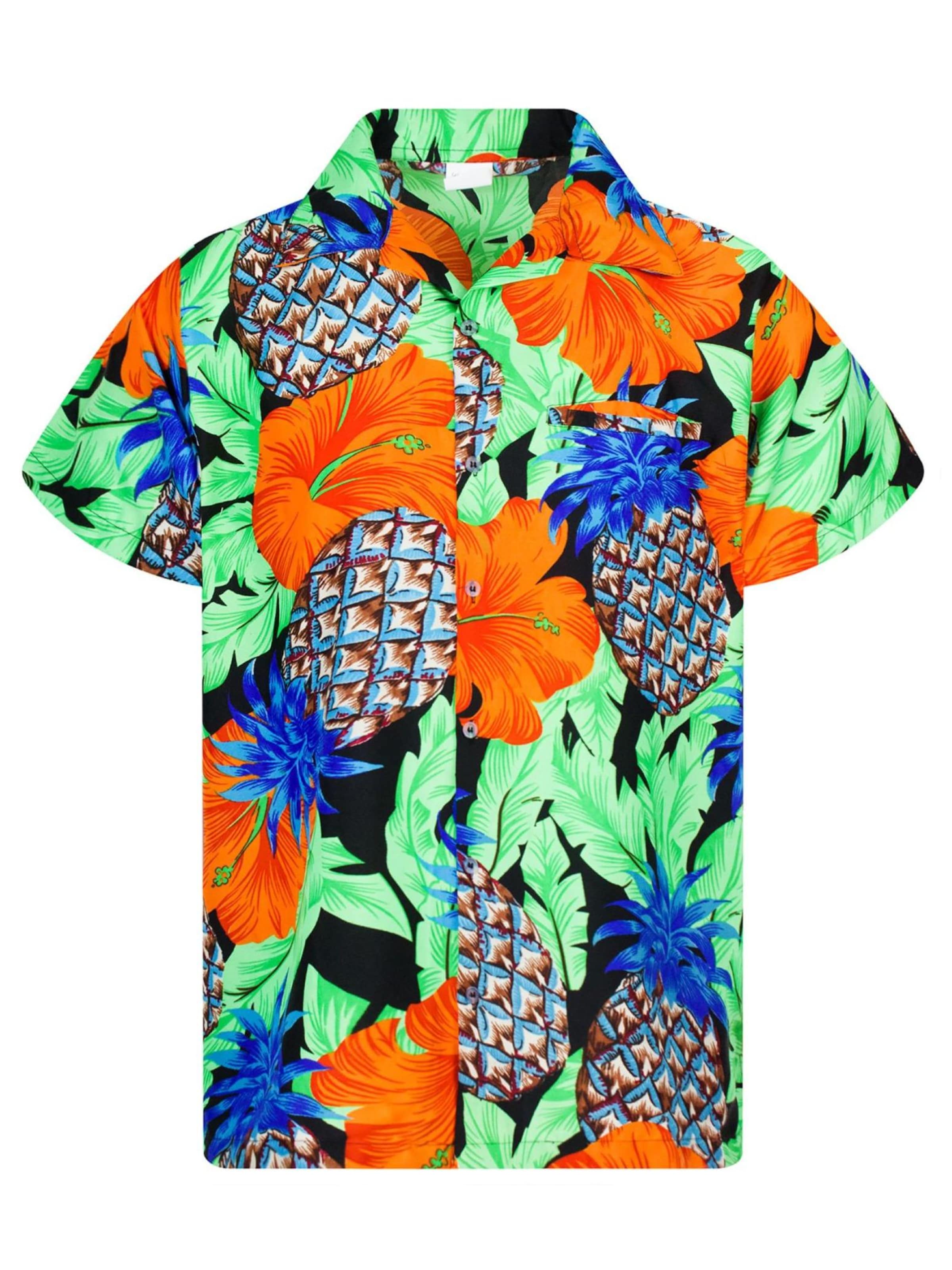 King Kameha Shirt 'Pineapple Hibiscus Black Line' in Groen: voorkant