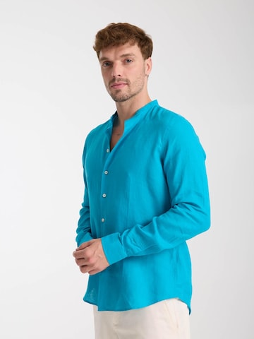 7Camicie Slim fit Zakelijk overhemd 'Caravaggio Linen Man Shirt Green' in Blauw
