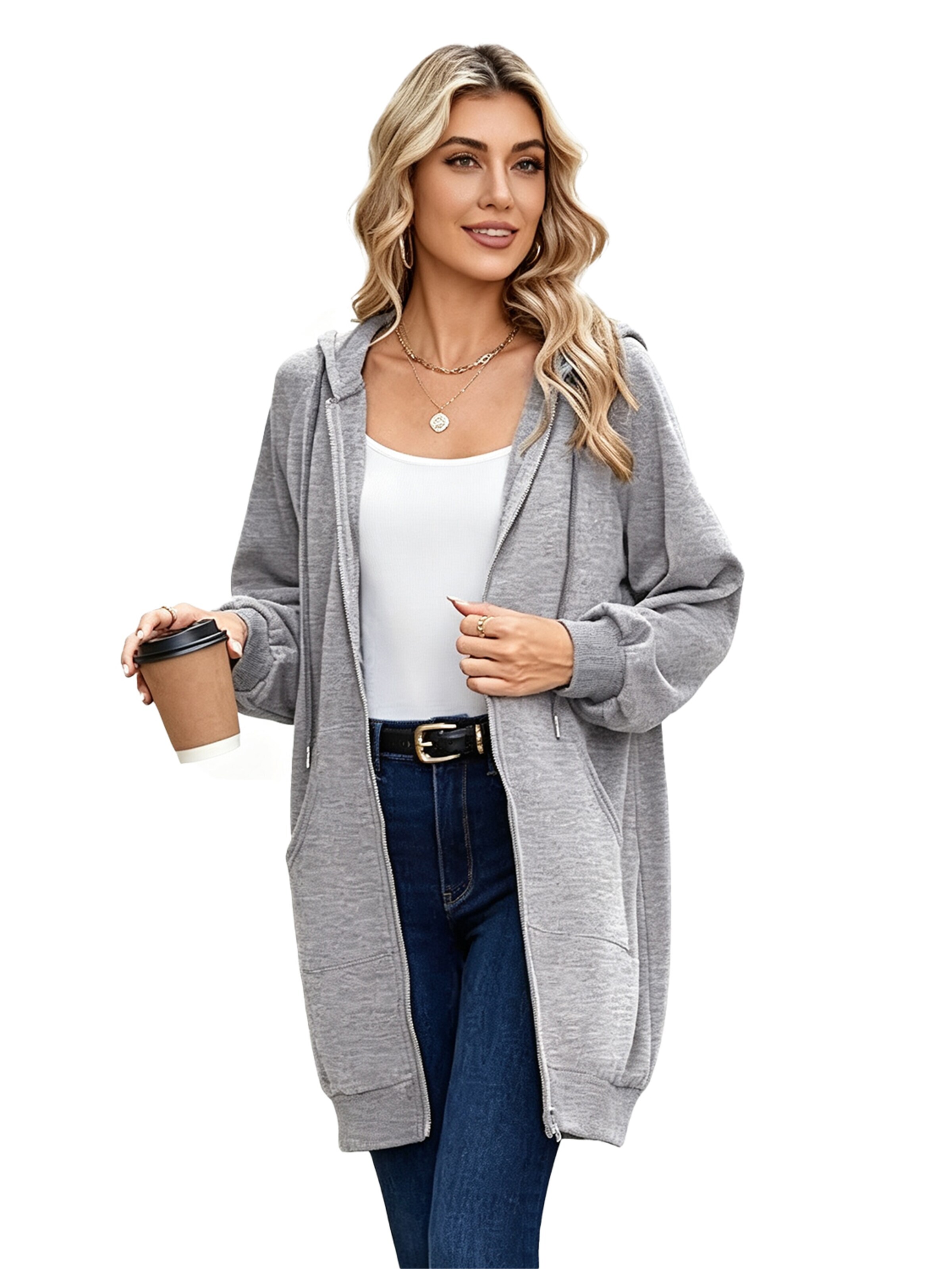 KoJooin Płaszcz zimowy 'Damen langer Kapuzenpullover mit Reißverschluss Oversize,casual, kuschelig gefüttert und gemütlich' w kolorze szary