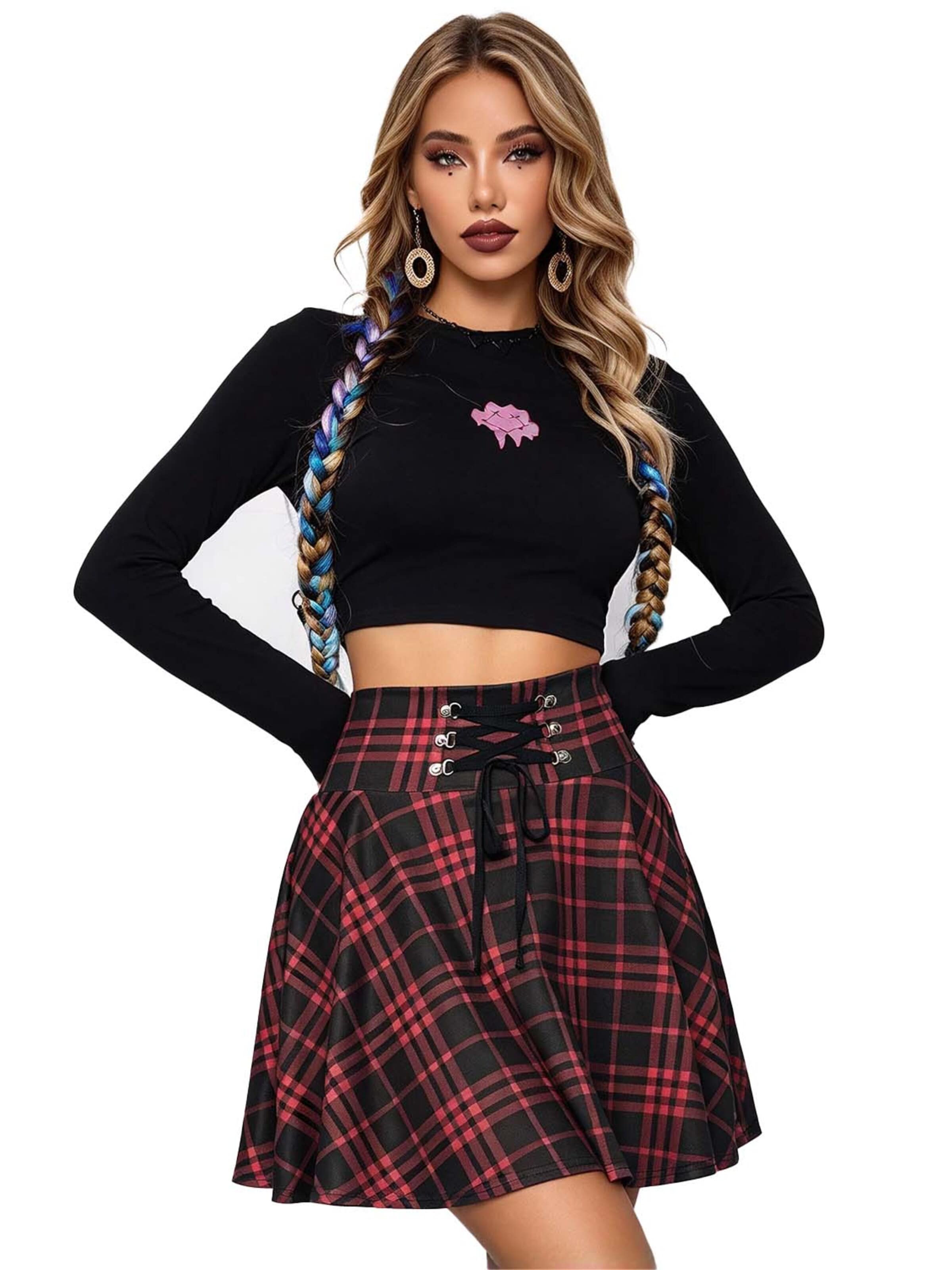 KoJooin Skirt 'Damen Hohe Taille Kurzer A-Linien Glockenrock – Gothischer Mini Faltenrock im Karomuster' in Red: front