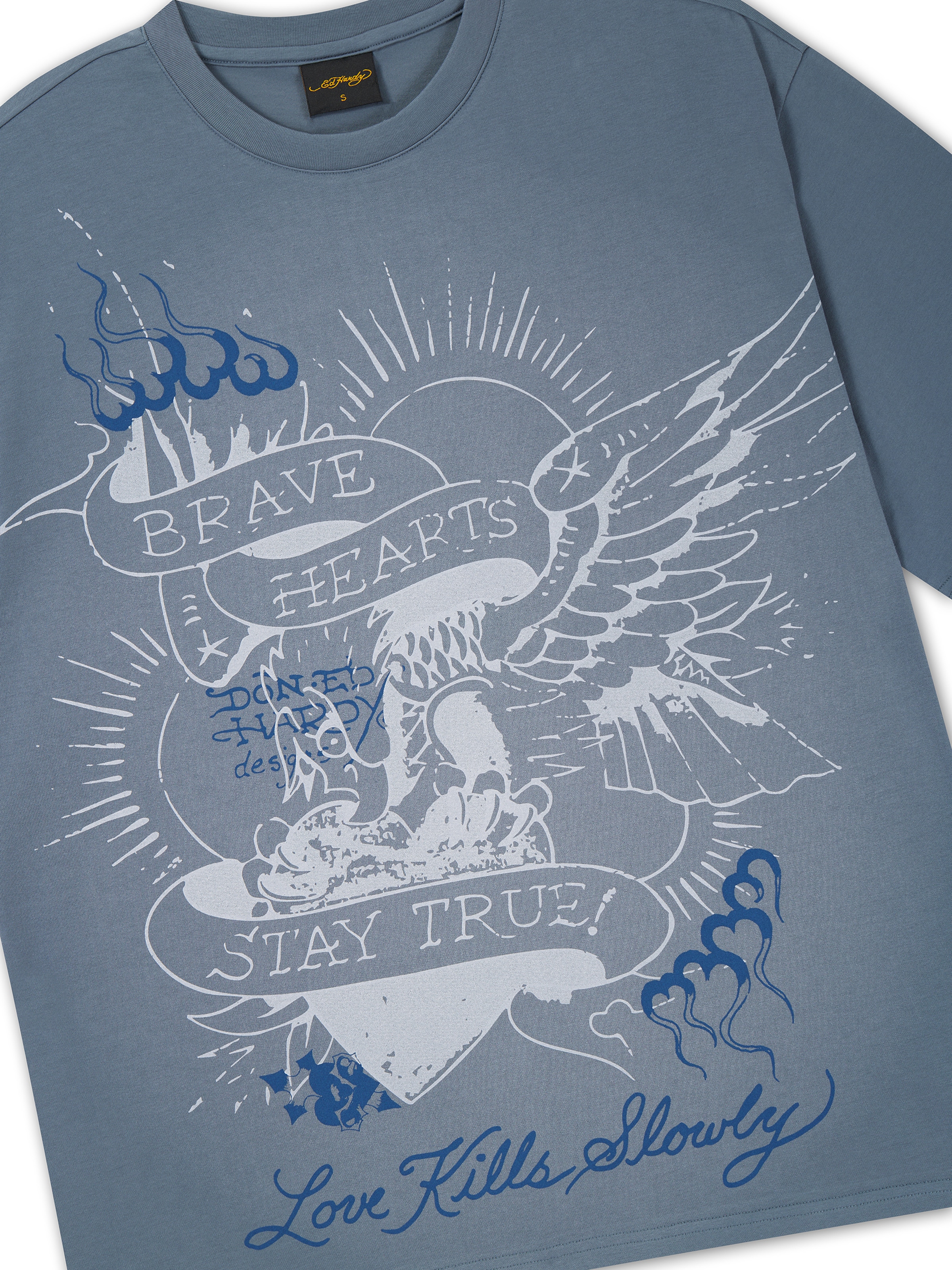 Tricou 'Brave Hearts Stay True' de la Ed Hardy pe albastru