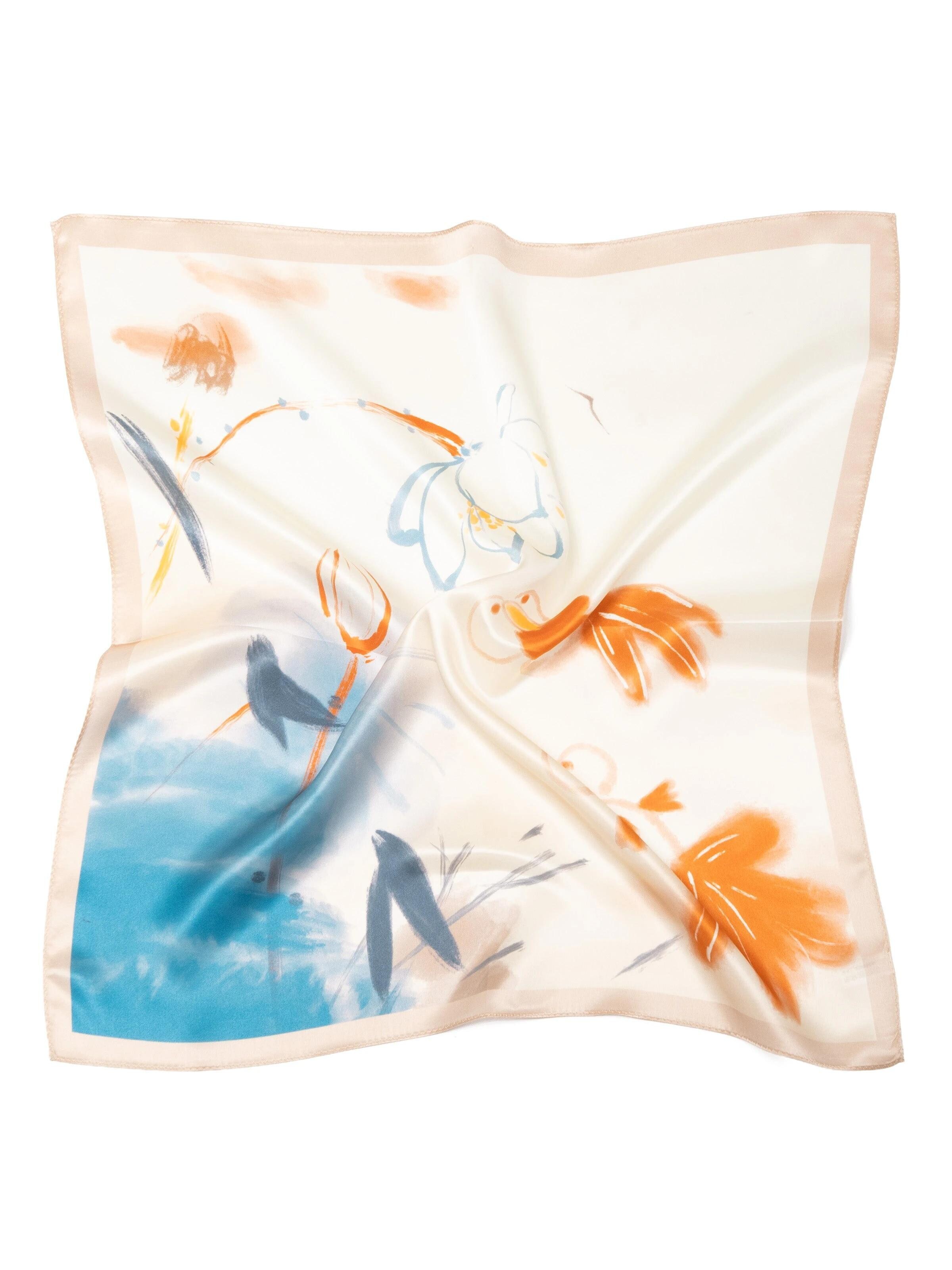 MayTree Scarf 'Seidentuch Premium quadratisch Lotus und Goldfisch 53x53' in Orange: front