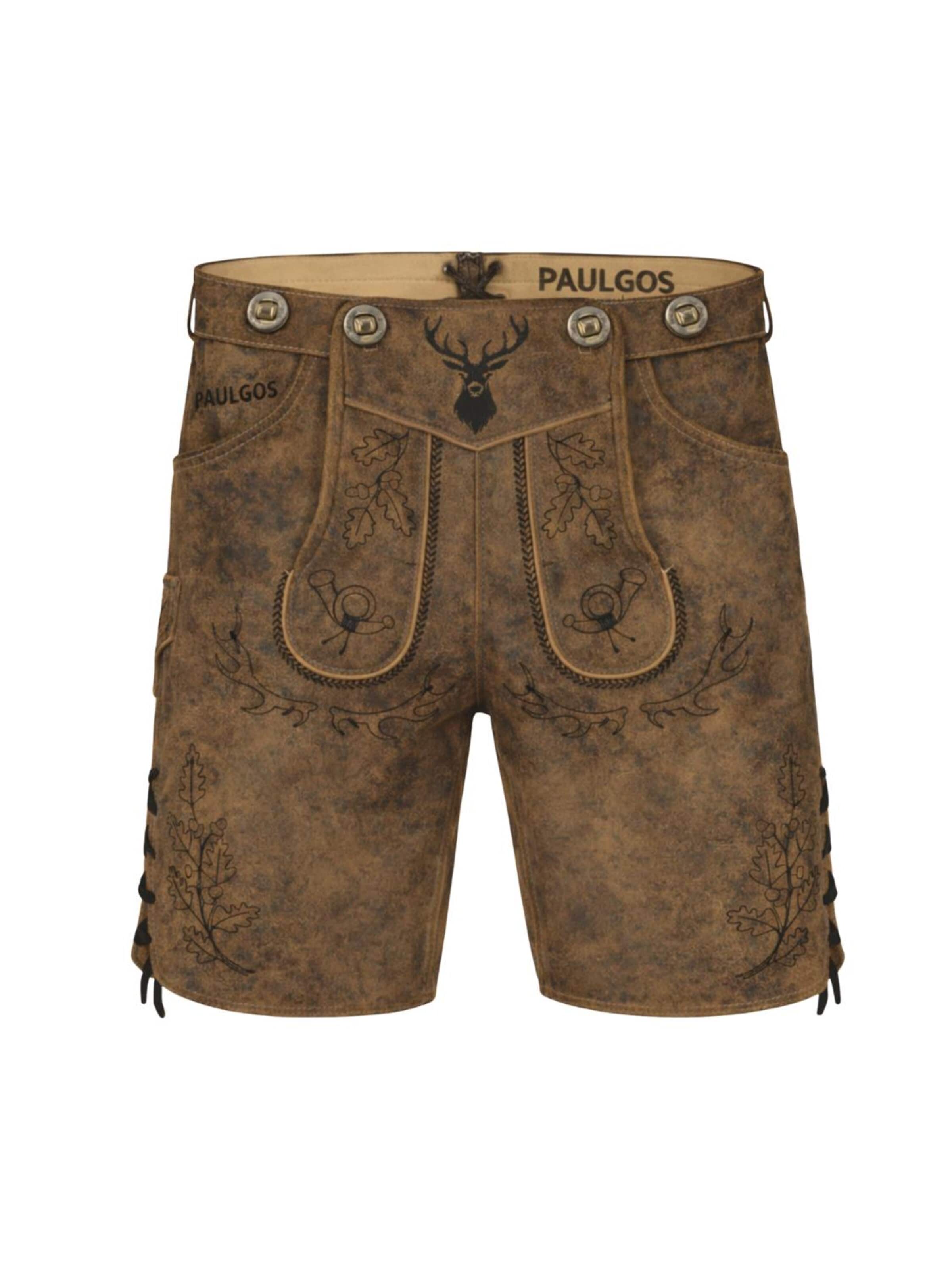 Paulgos Regular Traditional Pants 'PAULGOS Herren Trachten Lederhose Kurz - HK5 ANTIK - Echtes Leder - in 3 Farben erhältlich - Größe 44 - 60' in Brown: front