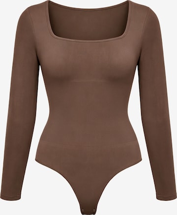 cfab - Body moldeador 'Clean Longsleeve Squareneck Sculpting Bodysuit with String' en marrón: frente