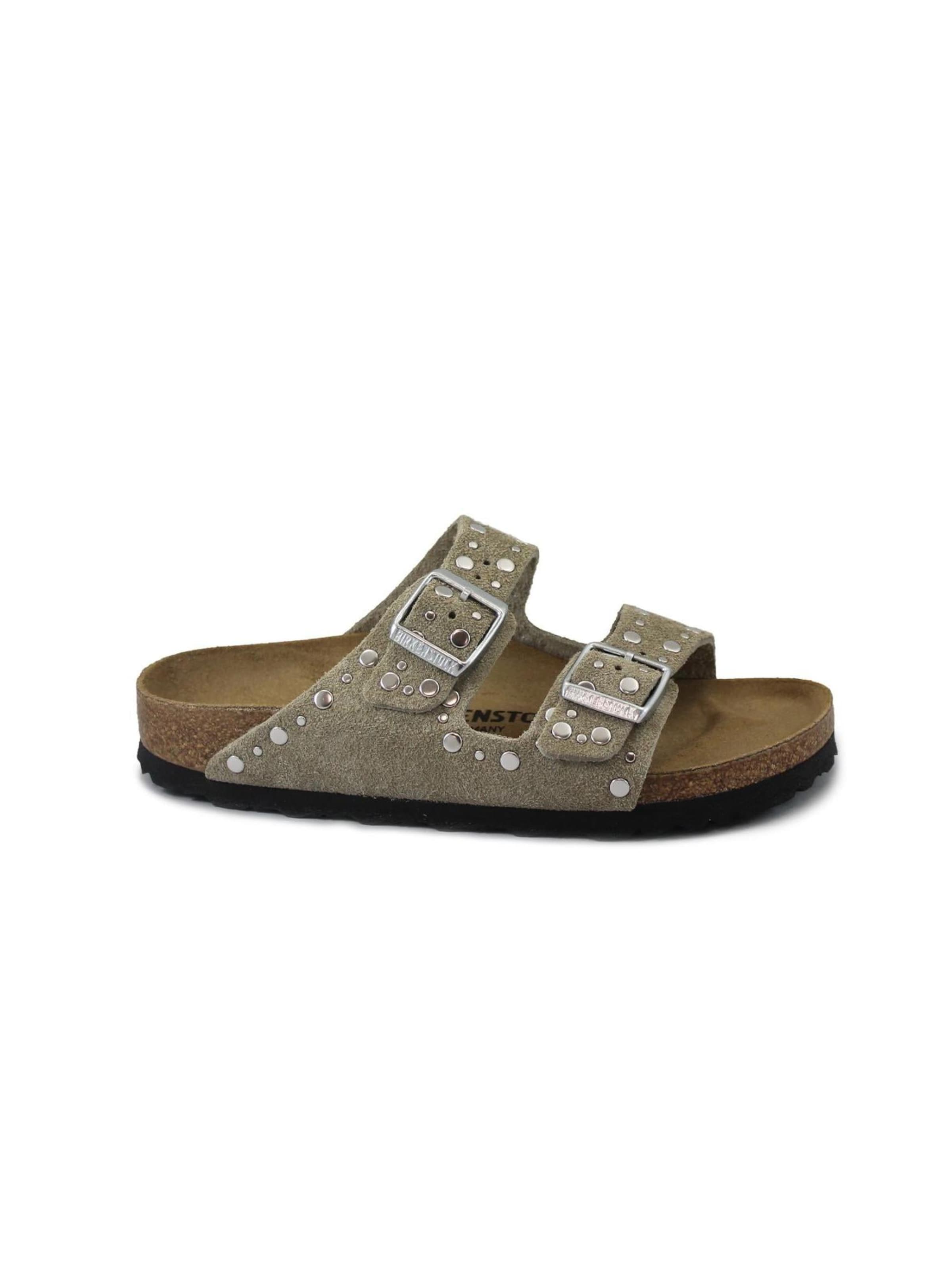 Mule 'BIRKENSTOCK ARIZONA RIVET BORDER 1029390 taupe ciabatte donna fibbie pelle camoscio borchie' BIRKENSTOCK en gris : devant