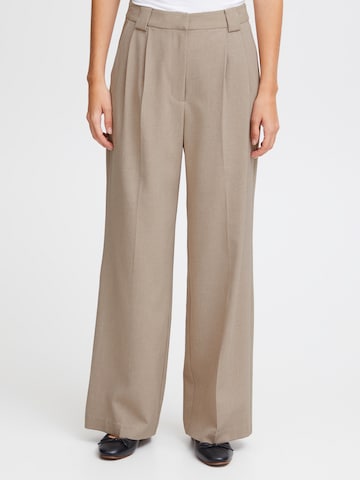 ICHI Wide leg Bandplooibroek in Beige: voorkant