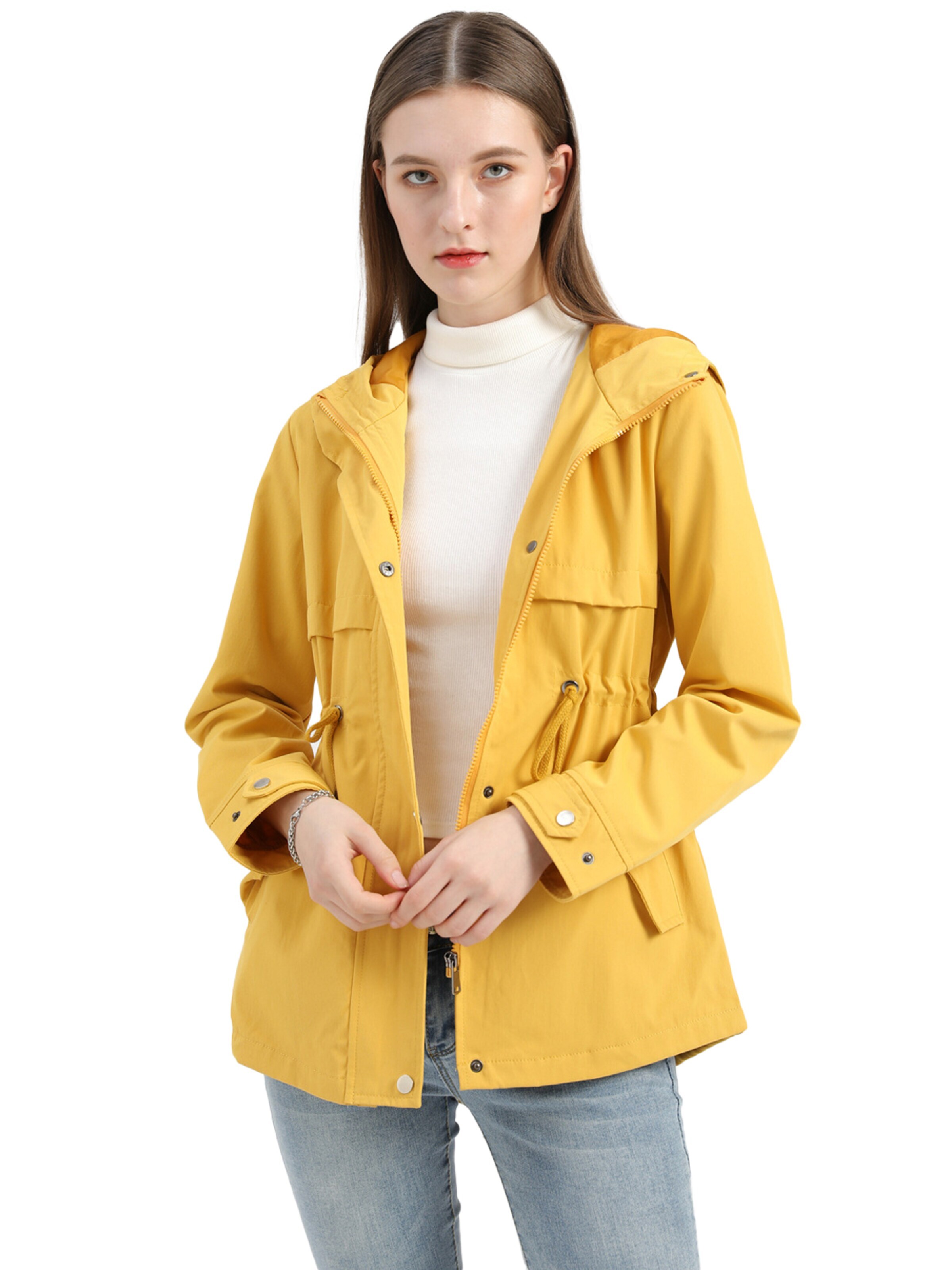 KoJooin Płaszcz funkcyjny 'Damen lange Kapuzen-Regenjacke mit Taille – Wasserdichter Windbreaker und Outdoor-Mantel für Schutz' w kolorze żółty