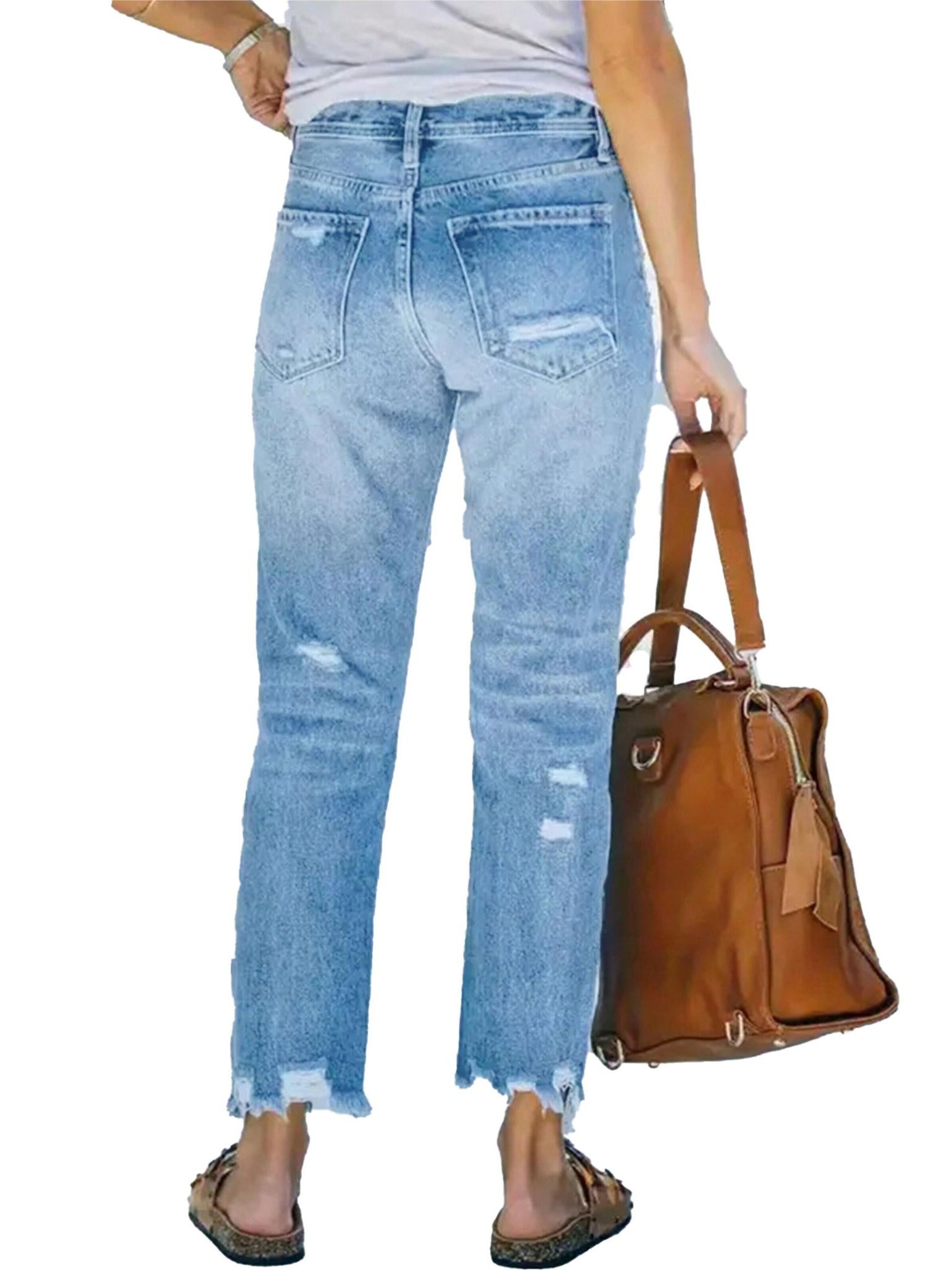 KoJooin Regular Jeans 'Damen 7/8 Straight Leg Jeans mit Used-Effekten und lässigen Destroyed-Details'‌‌‌‌‌‌ in Blau