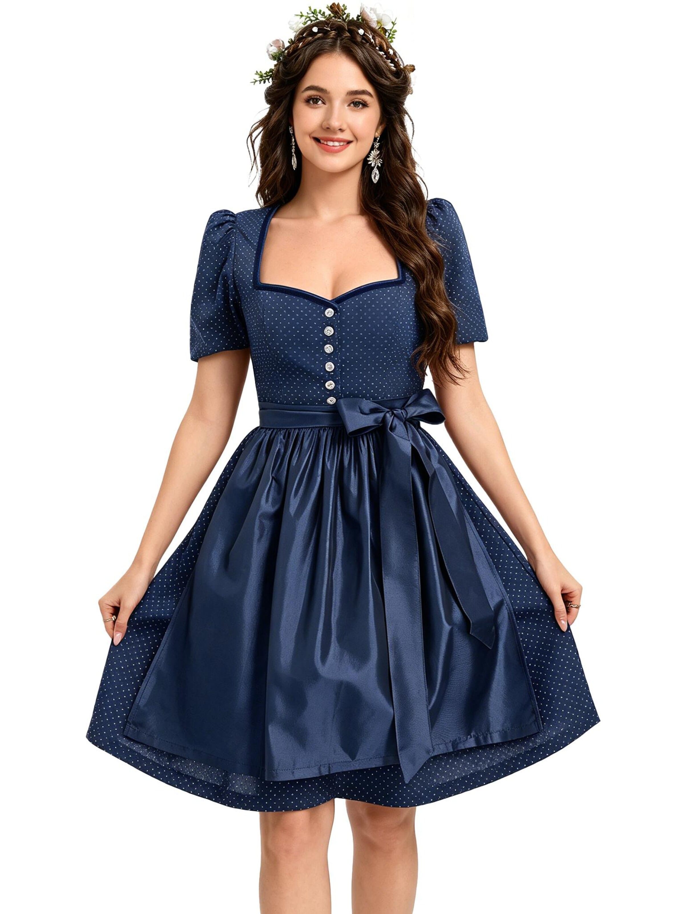 KoJooin Dirndl 'Damen 2-Teiliges Dirndl-Stil Set Mit Puffärmeln, Knopfleiste Und Schürze' w kolorze niebieski: przód