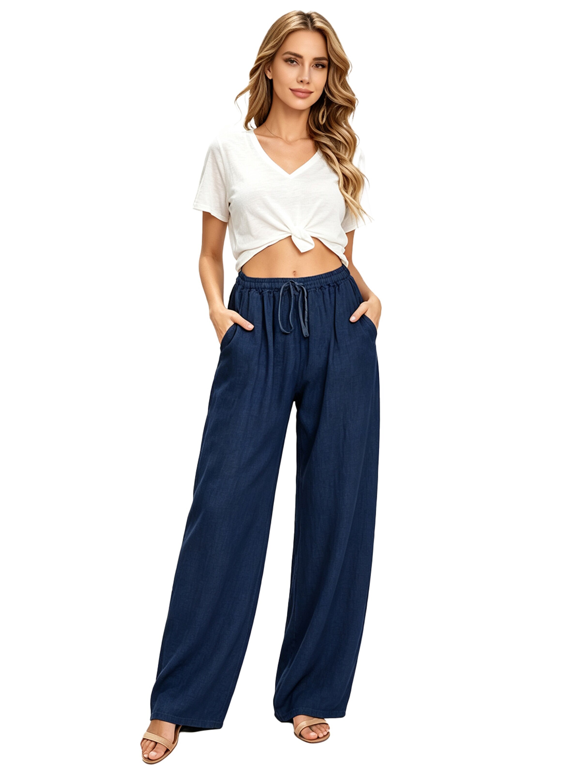 KoJooin Spodnie 'Damen Baumwoll-Leinen-Hose mit Kordelzug,hoher Taille und weitem Bein Bequeme, lockere Freizeithose' w kolorze niebieski: przód