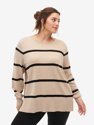 Zizzi Pullover 'CACARRIE STRIPE' i beige: forside