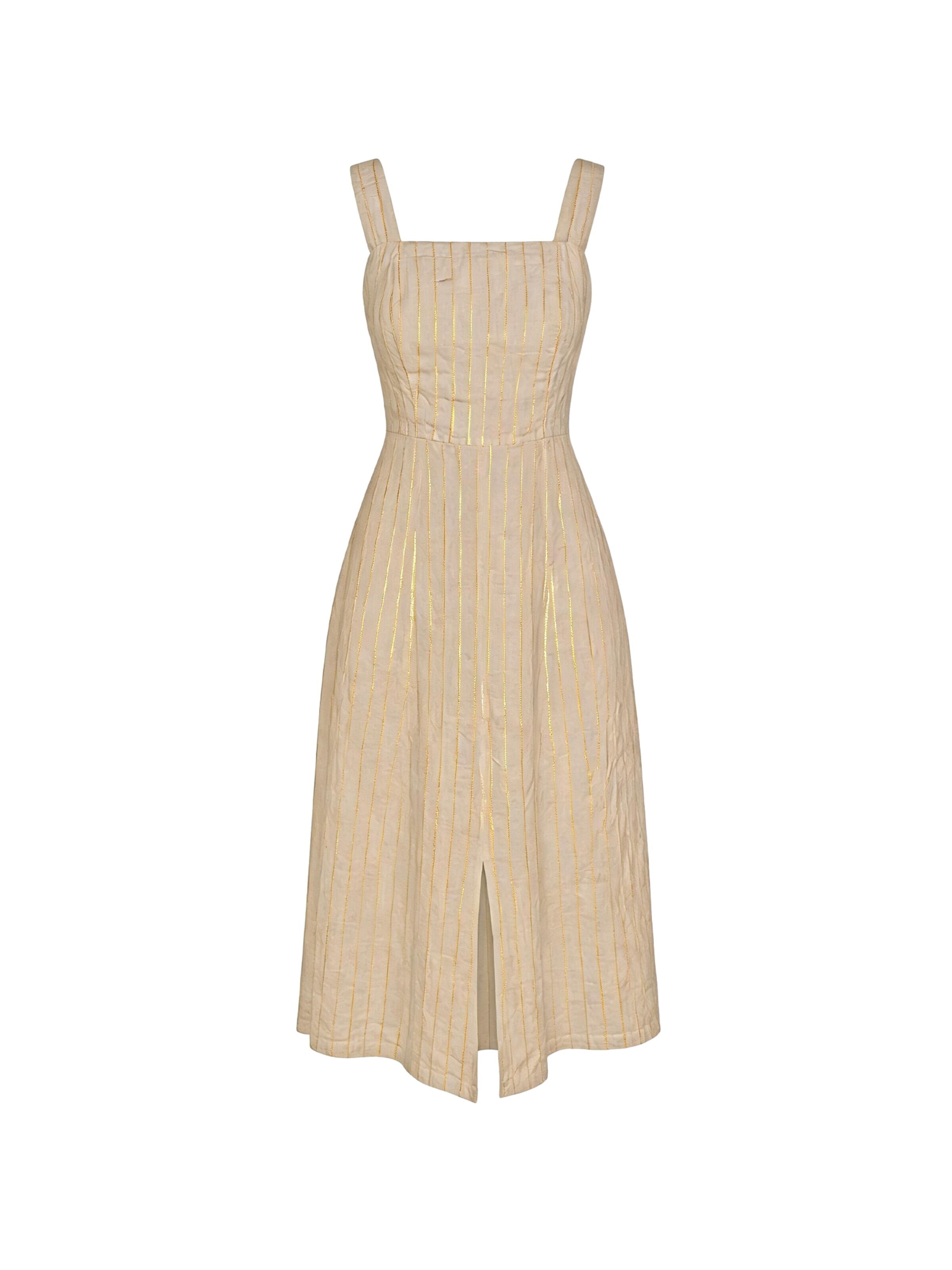 Haris Cotton Sukienka 'Square Neck Striped Linen Tie Back Dress with Front Slit' w kolorze beżowy: przód