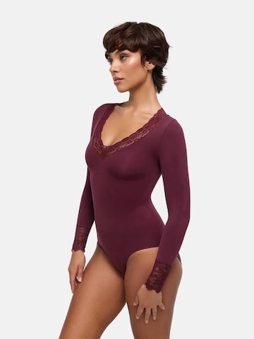 cfab - Body moldeador 'Clean Longsleeve V-Neck with Lace Sculpting Bodysuit with Slip' en rojo