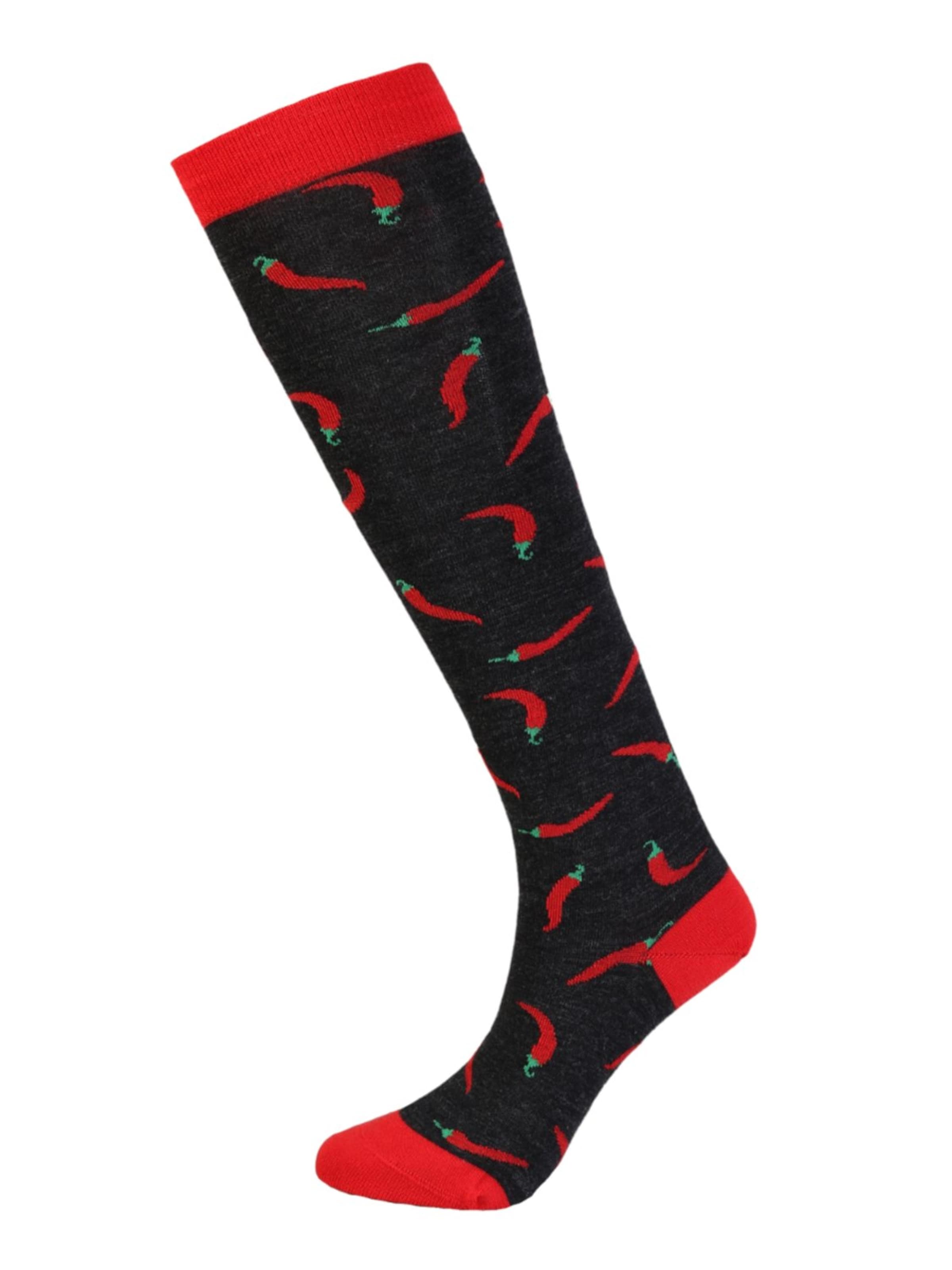 Sokisahtel Sokken 'PEPPER merino wool knee-highs with chilies' in Zwart: voorkant