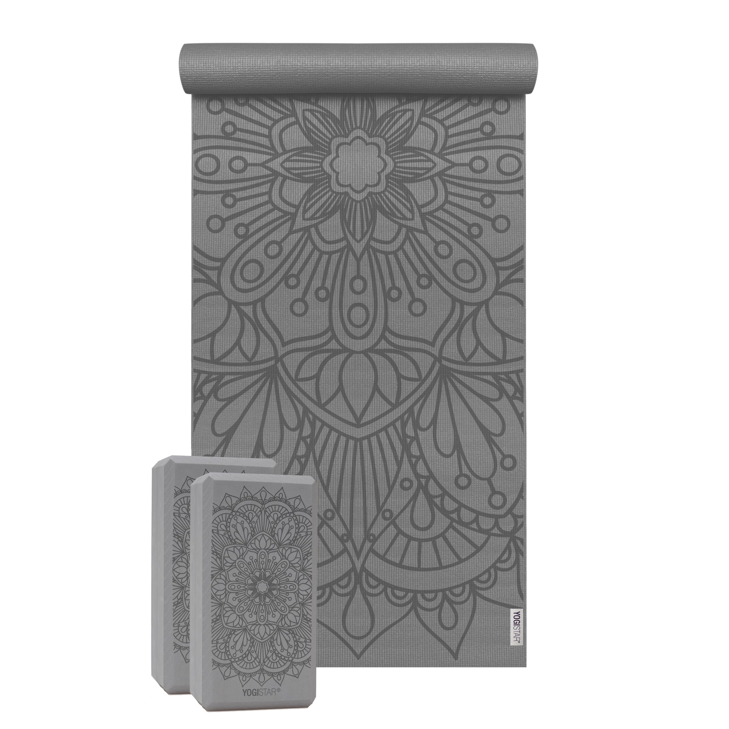 YOGISTAR.COM Yoga-set Starter Edition - Lotus Mandala (yogamatte + 2 Yogablöcke) in grau, Produktansicht