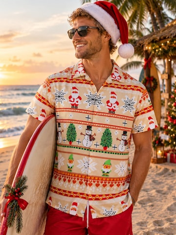 King Kameha - Ajuste regular Camisa 'Christmas Rows' en beige