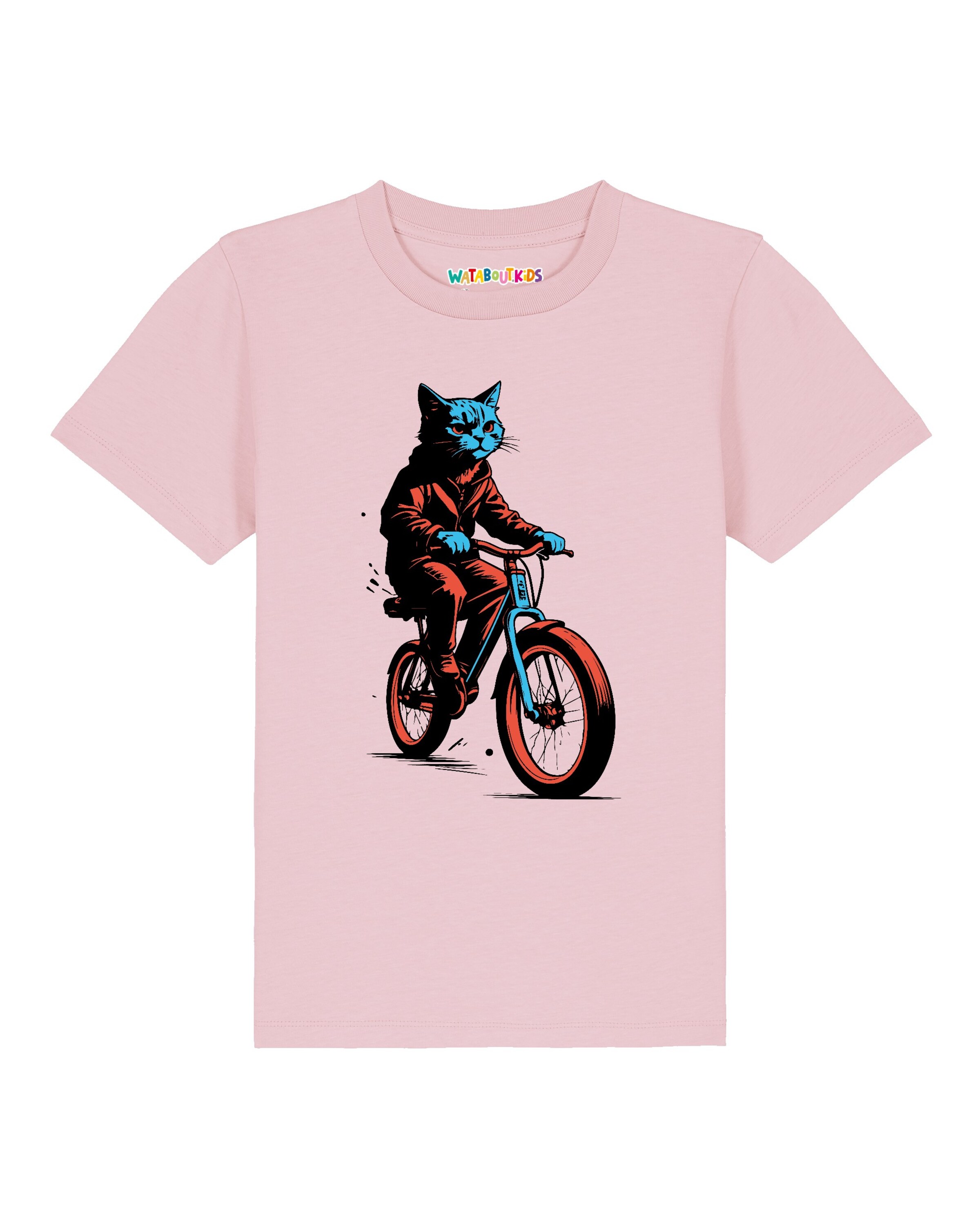 Maglietta ' Katze auf Fahrrad ' di watabout.kids in rosa: frontale