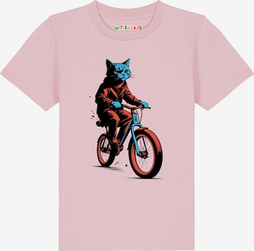 Maglietta ' Katze auf Fahrrad ' di watabout.kids in rosa: frontale