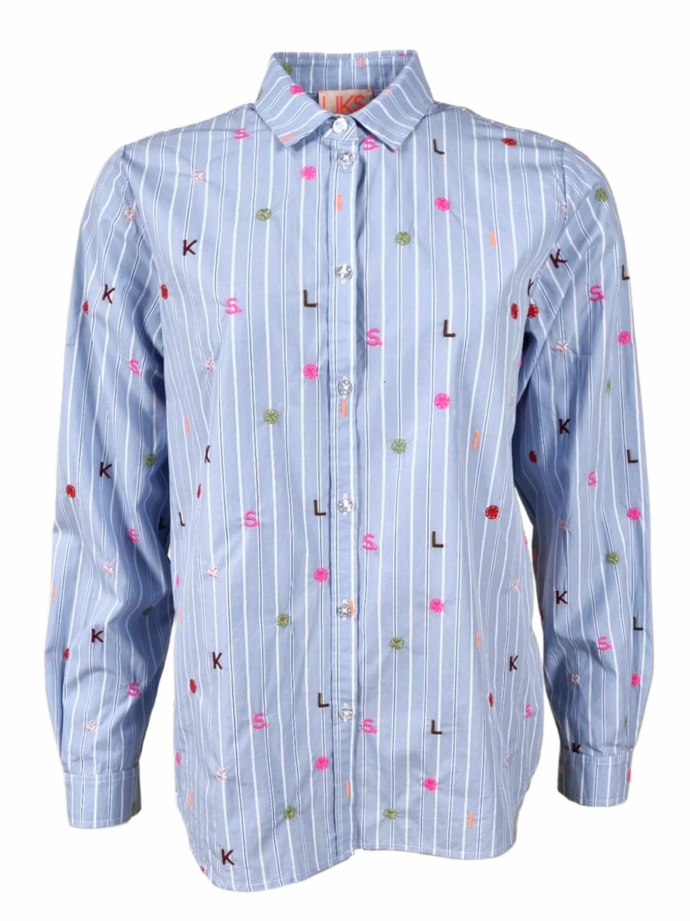 LIKS. Munich Bluse 'Damen Bluse gestreift mit allover Stickerei aus Baumwolle - GesaC' in Blau: Vorderseite