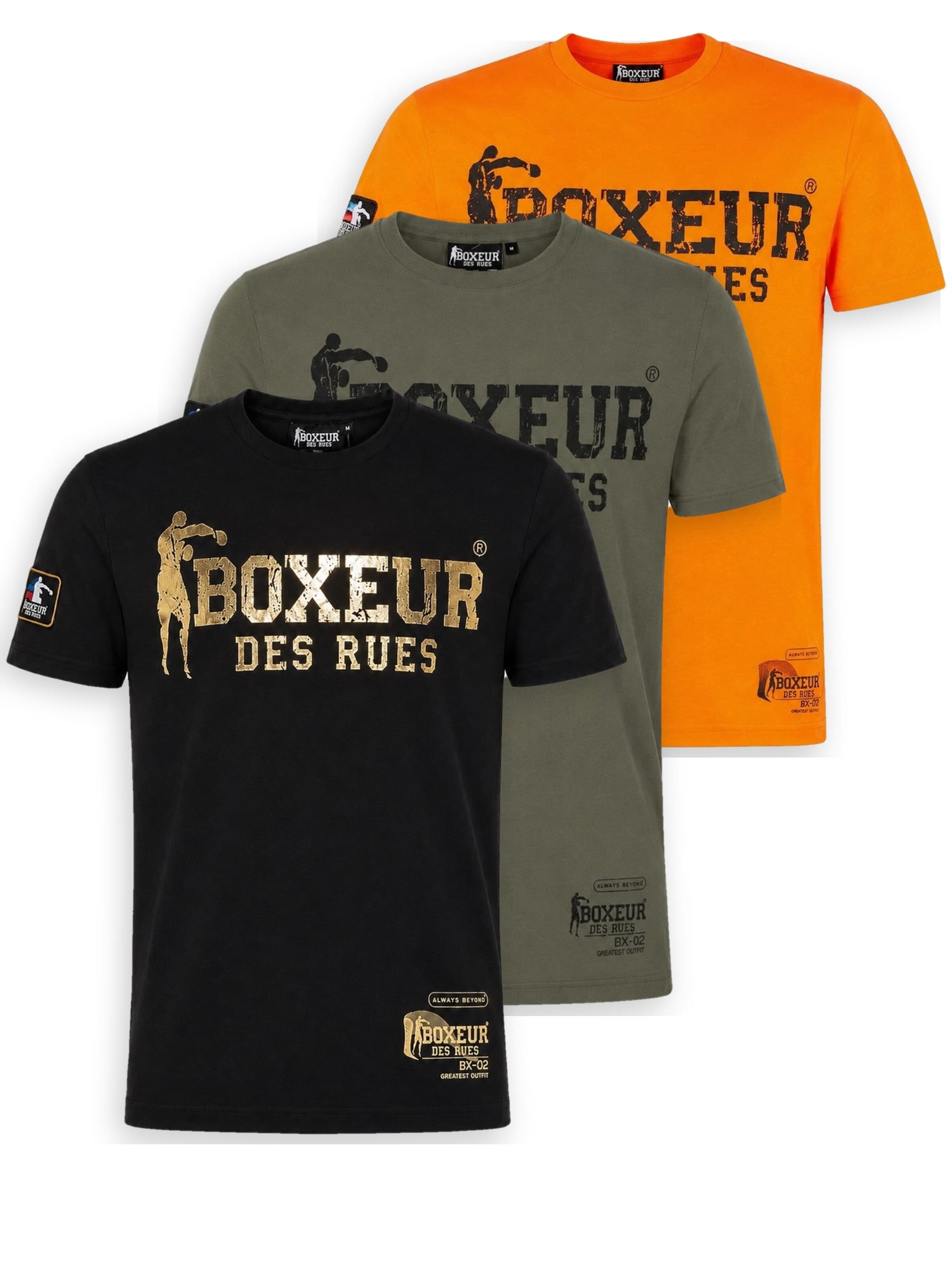 Boxeur des Rues Shirt 'Herren T-Shirt 3er-Pack Boxeur des Rues Slim Fit: Schwarz, Goldenes Logo + Oliv + Orange, Schwarzes Logo'‌‌ in M/Regular in mischfarben, Produktansicht