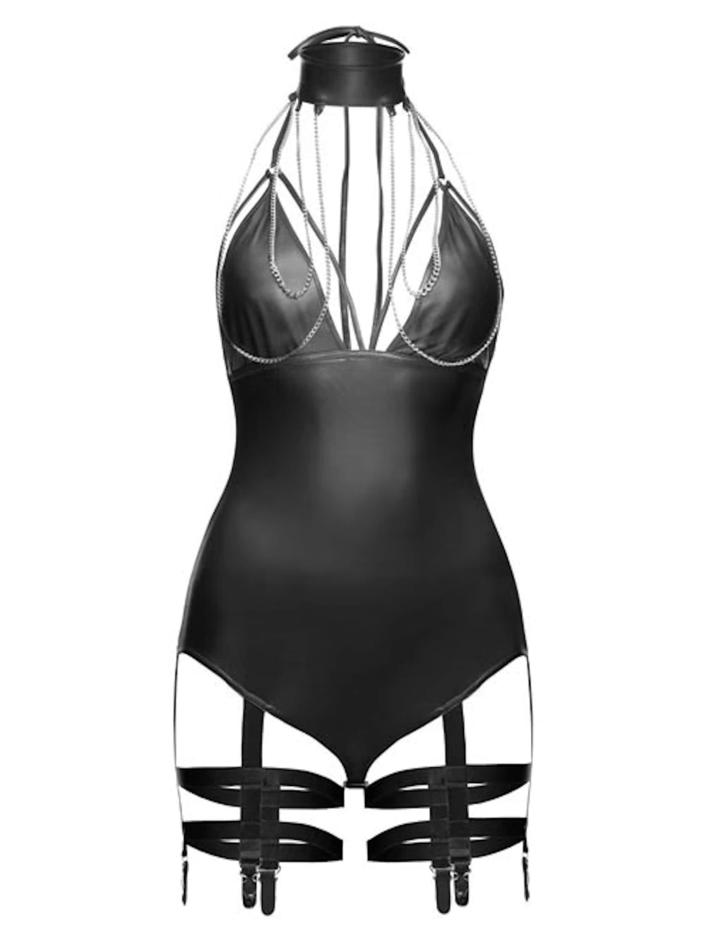 Noir Handmade Lingerie Bodysuit 'Wetlook-Body F109' in Black: front