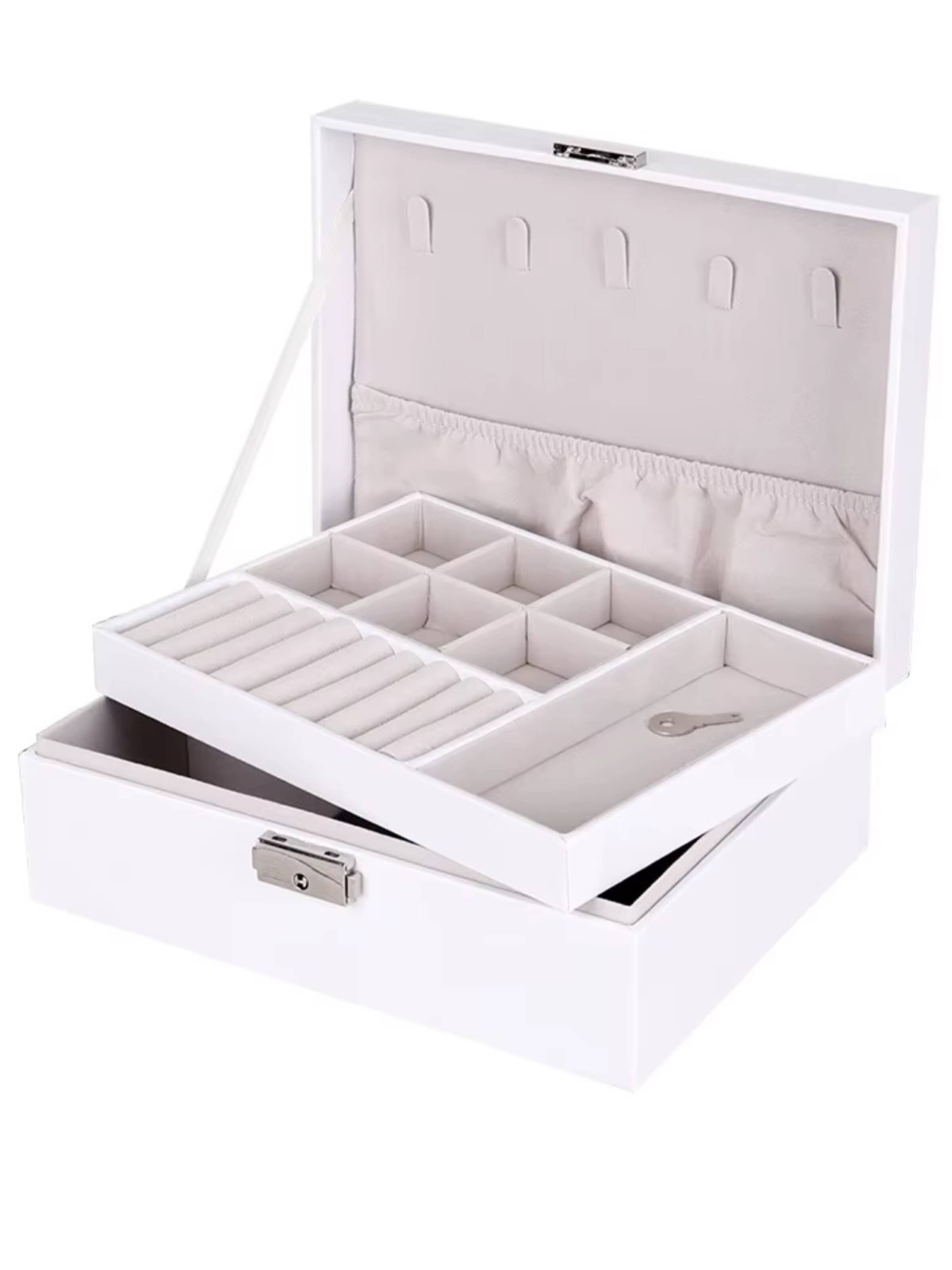 MEVYRA Jewelry Storage 'Schmuckkasten 2-Etagen mit Samtfutter - Schmuckaufbewahrung für Ringe, Ketten, Ohrringe' in White: front