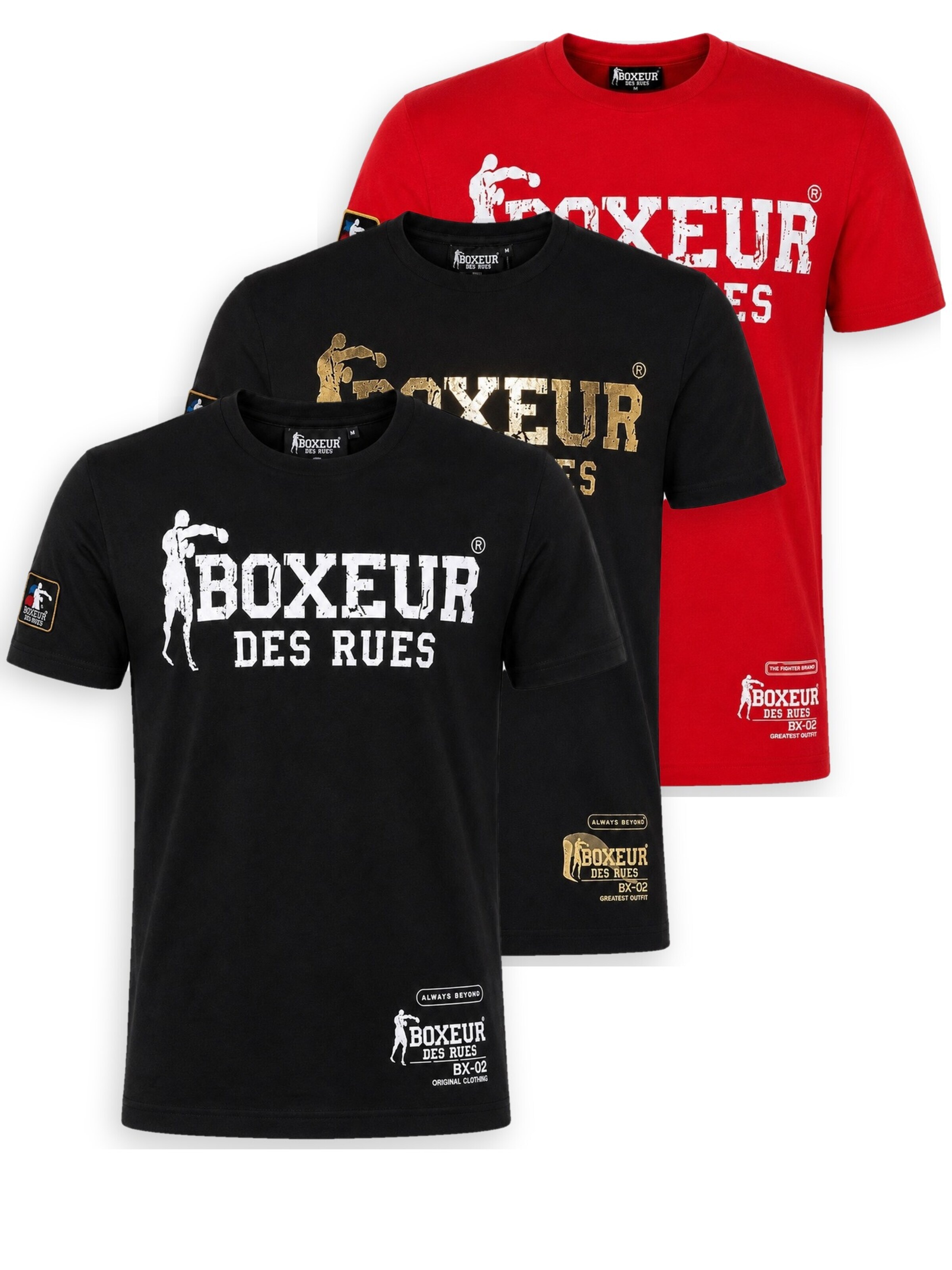 Boxeur des Rues Shirt 'Herren T-Shirt 3er-Pack Boxeur des Rues Slim Fit: Schwarz, Weißes Logo + Schwarz, Goldenes Logo + Rot, Weißes Logo'‌‌‌‌‌‌‌‌‌‌ in XS/Regular in mischfarben, Produktansicht