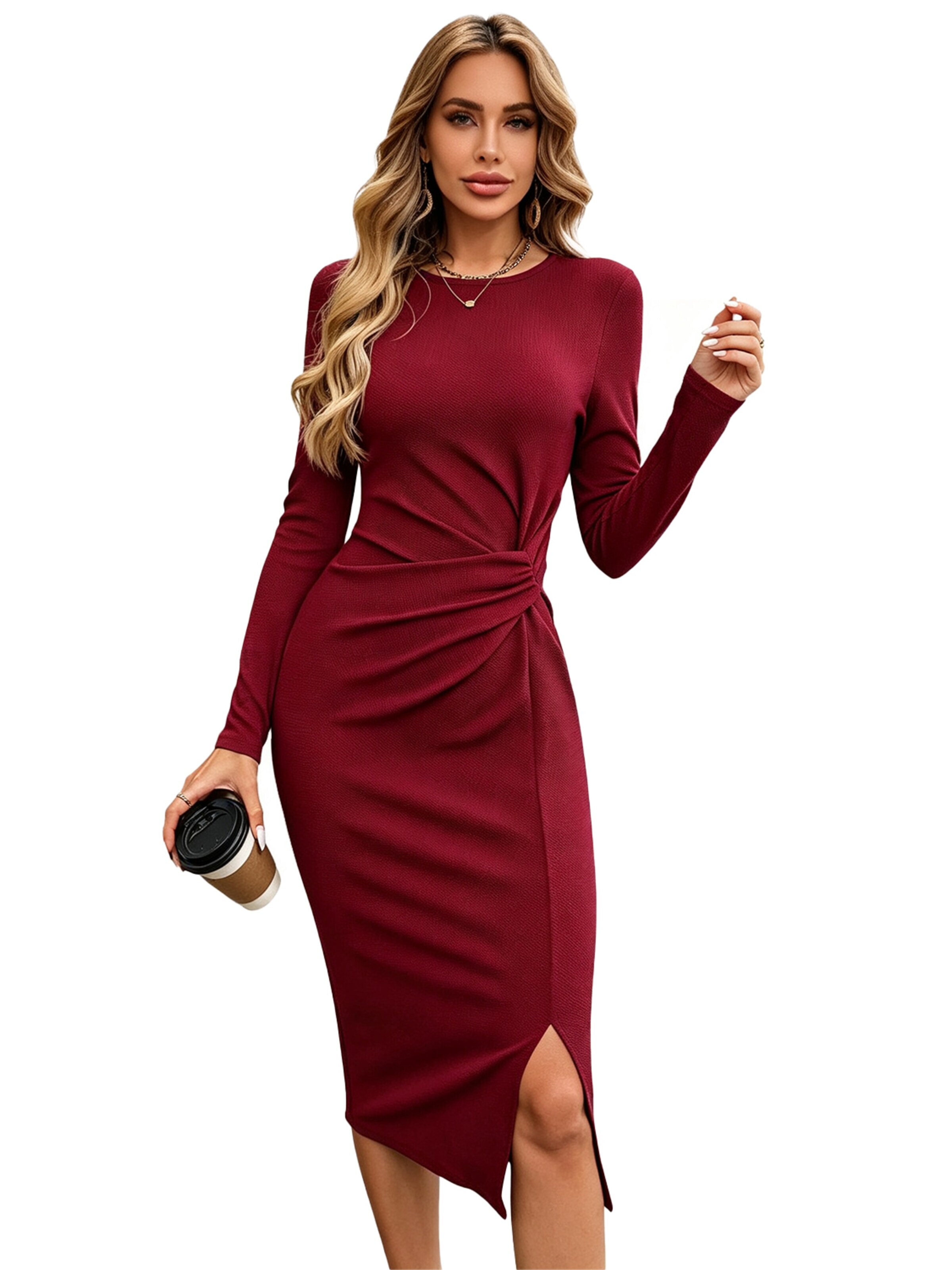 KoJooin Cocktail dress 'Damen Abendkleid mit Rundhals, langen Ärmeln und Knoten-Saum Schlichtes,elegantes Kleid mit Schlitz' in Red