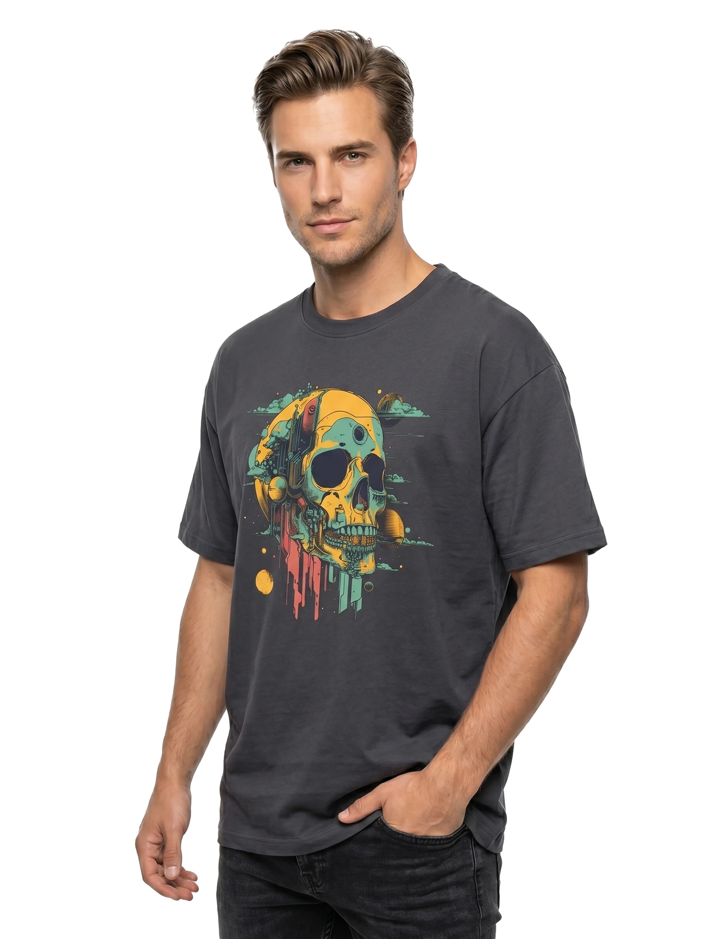 MAKAYA Shirt 'Head Shot Skull' in Grey