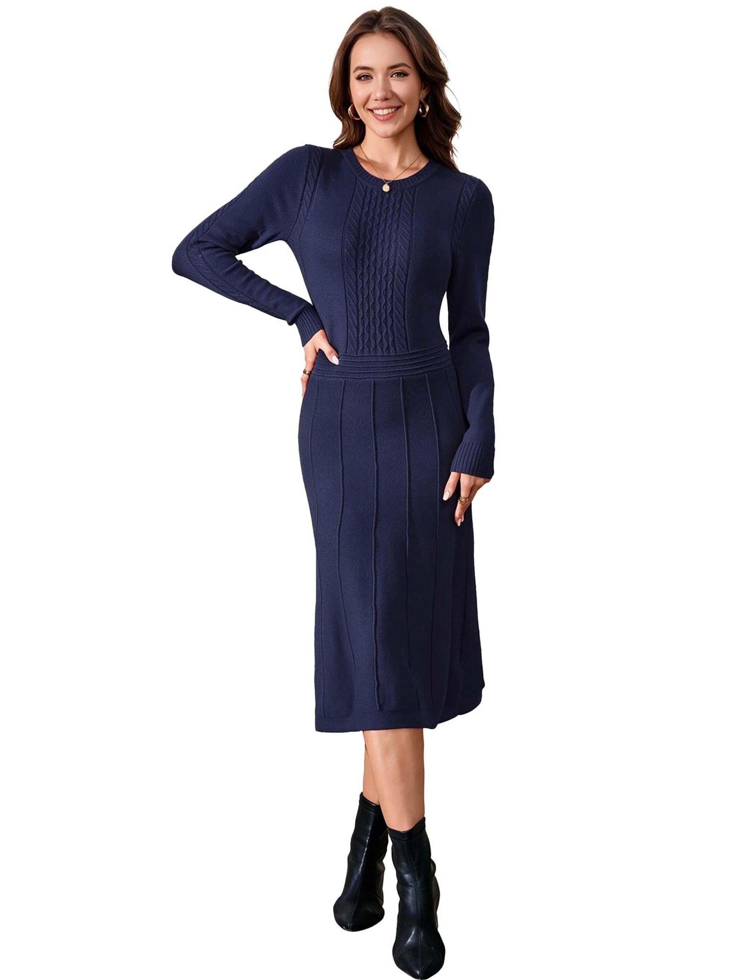 KoJooin Sukienka z dzianiny 'Damen-Rippstrickkleid in Midi-Länge mit Rundhalsausschnitt und langen Ärmeln' w kolorze niebieski