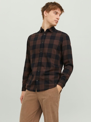 JACK & JONES Slim fit Button Up Shirt 'Gingham ' in Brown: front